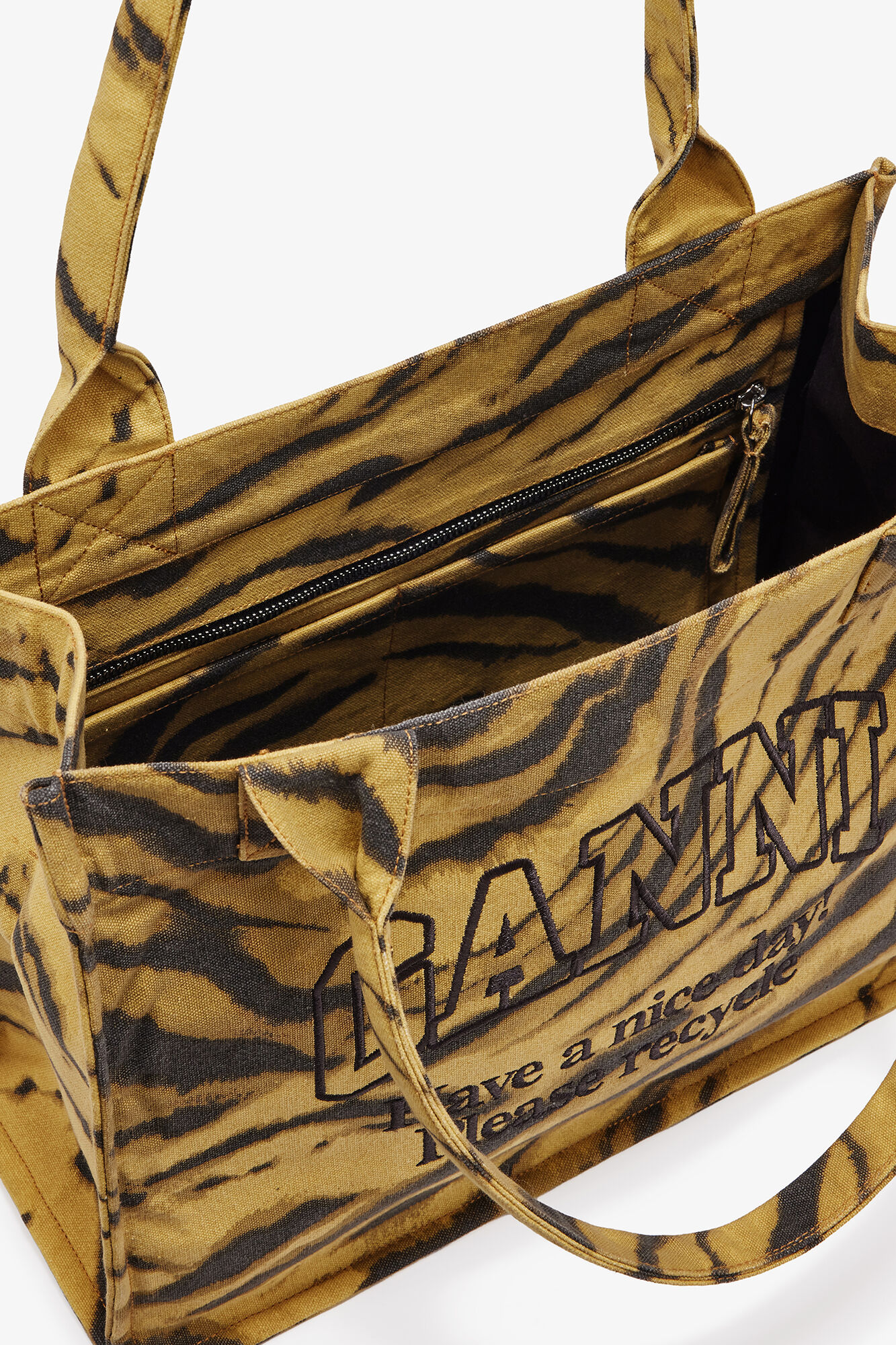 Zebra Print Large Tote, Recycled Cotton, in colour Khaki - 3 - GANNI