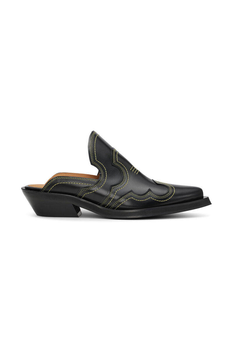 Embroidered Western Mules, Calf Leather, in colour Black/Yellow - 1 - GANNI