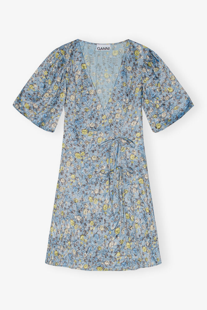 Robe Blue Floral Printed Crinkled Satin Mini Wrap, Dusty Blue