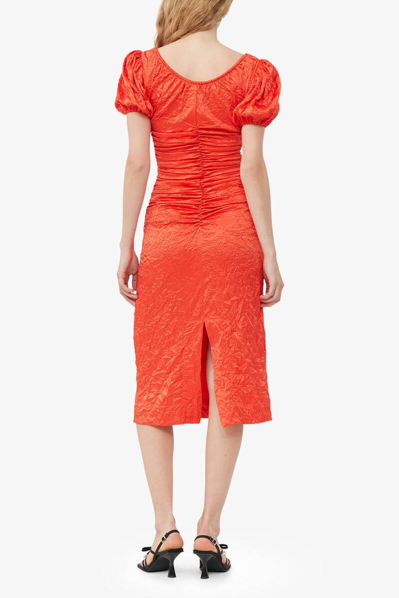 Red Crinkled Satin Midi Dress, Recycled Polyester, in colour Grenadine - 3 - GANNI
