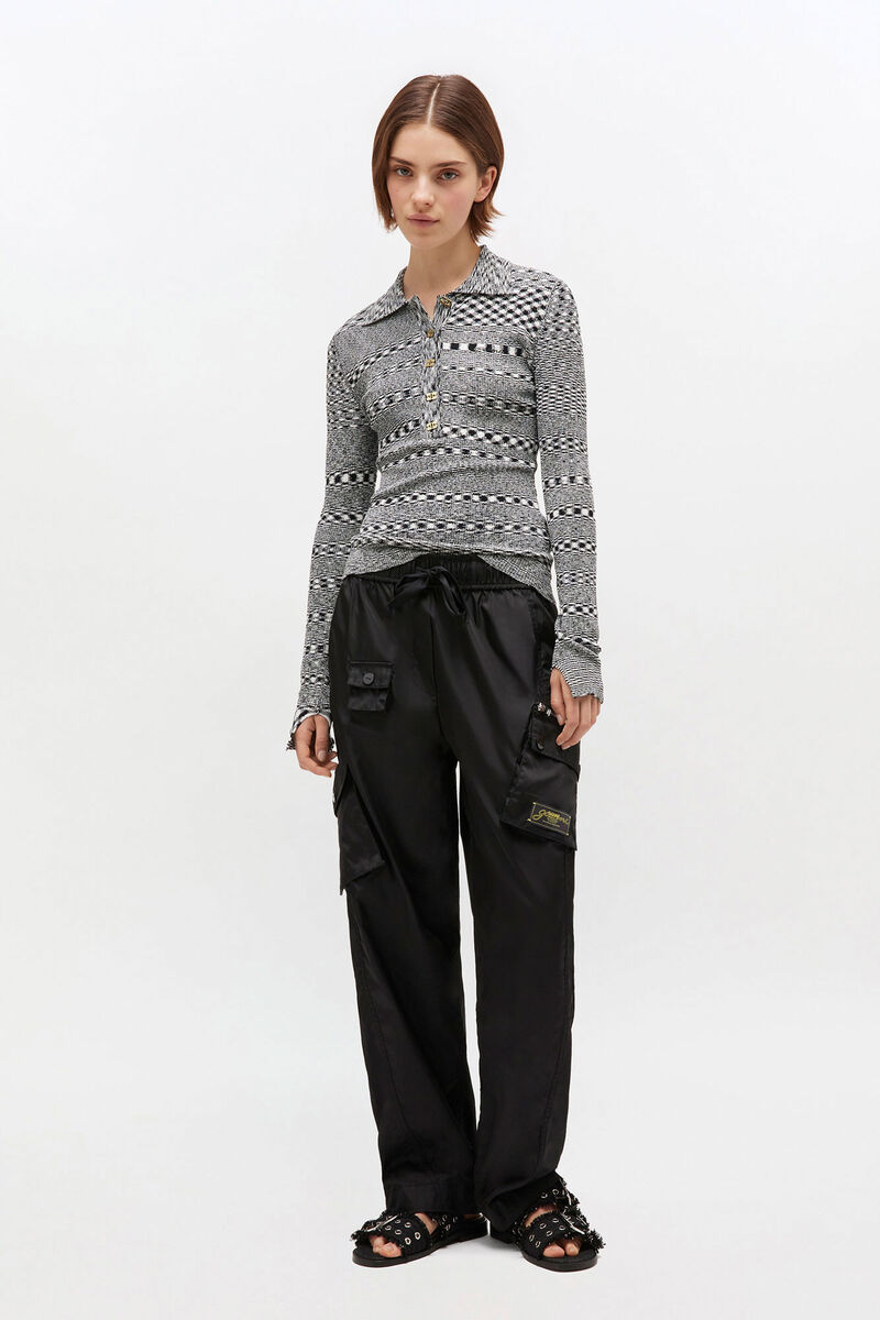 Grey Striped Knitted Polo Shirt, Polyamide, in colour Black - 1 - GANNI