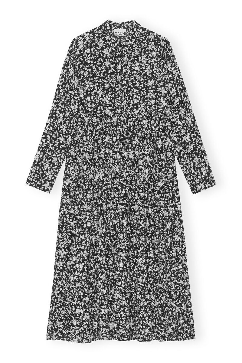 Printed Crepe Layer Dress, in colour Black - 1 - GANNI