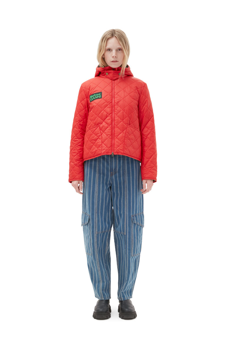 GANNI X Barbour Reversible Liddesdale Jakke, Recycled Polyamide, in colour Fiery Red - 1 - GANNI