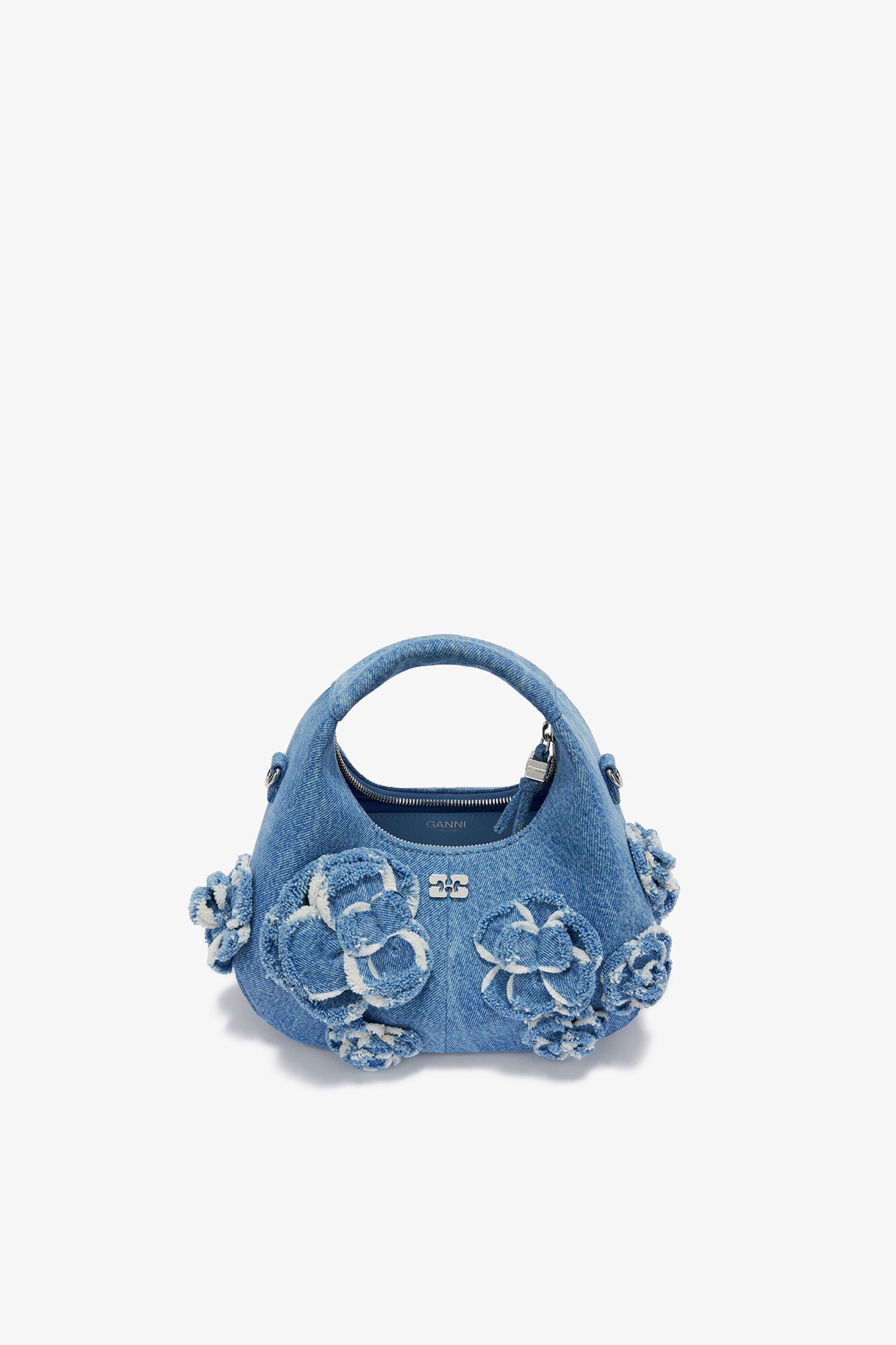 Mini Hobo Bag in Blue Denim, Organic Cotton, in colour Light Blue Vintage - 3 - GANNI