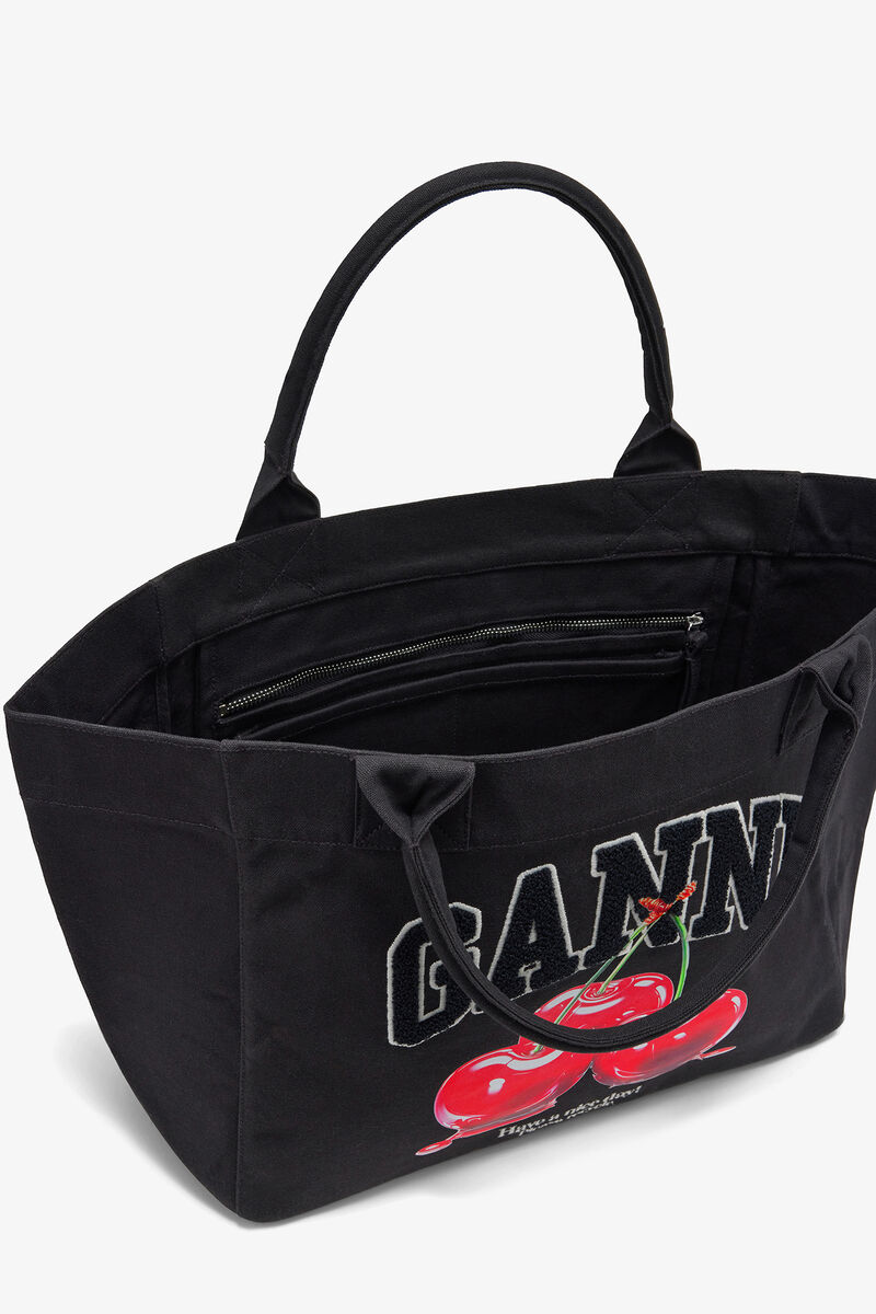 Black Medium Cherry Tote, Recycled Cotton, in colour Phantom - 3 - GANNI