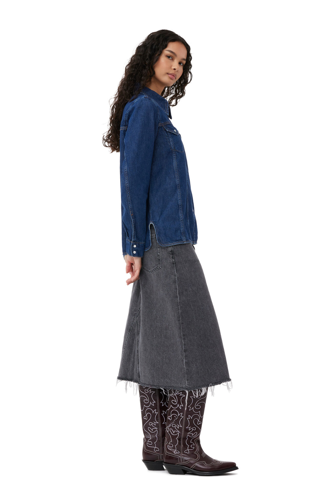 Re-Cut Denim Shirt, Lyocell, in colour Mid Blue Stone - 3 - GANNI