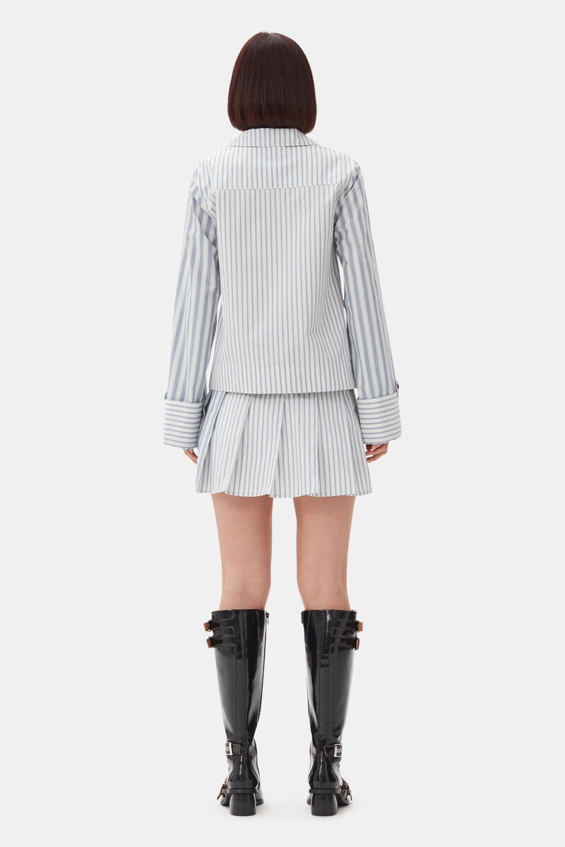 Blue Stripe Cotton Pleated Mini Skirt, Cotton, in colour Egret - 3 - GANNI