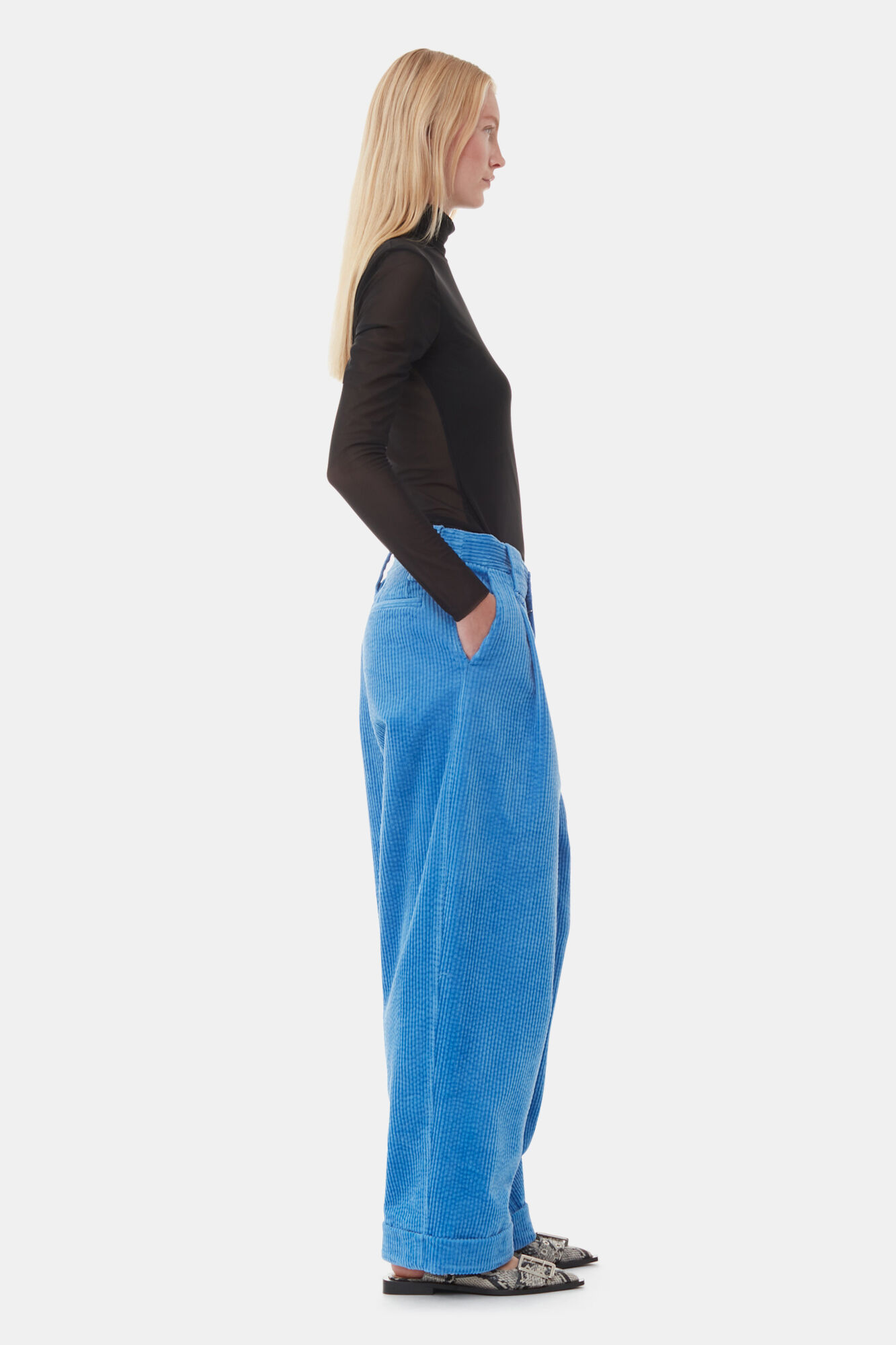 Blue Corduroy Loose Pleat Trousers, Elastane, in colour Silver Lake Blue - 2 - GANNI