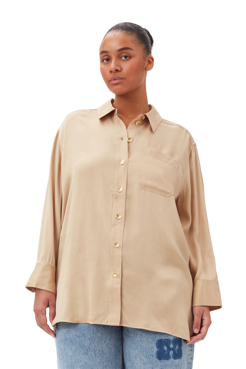 Beige Washed Satin Shirt, Cupro, in colour Safari - 5 - GANNI