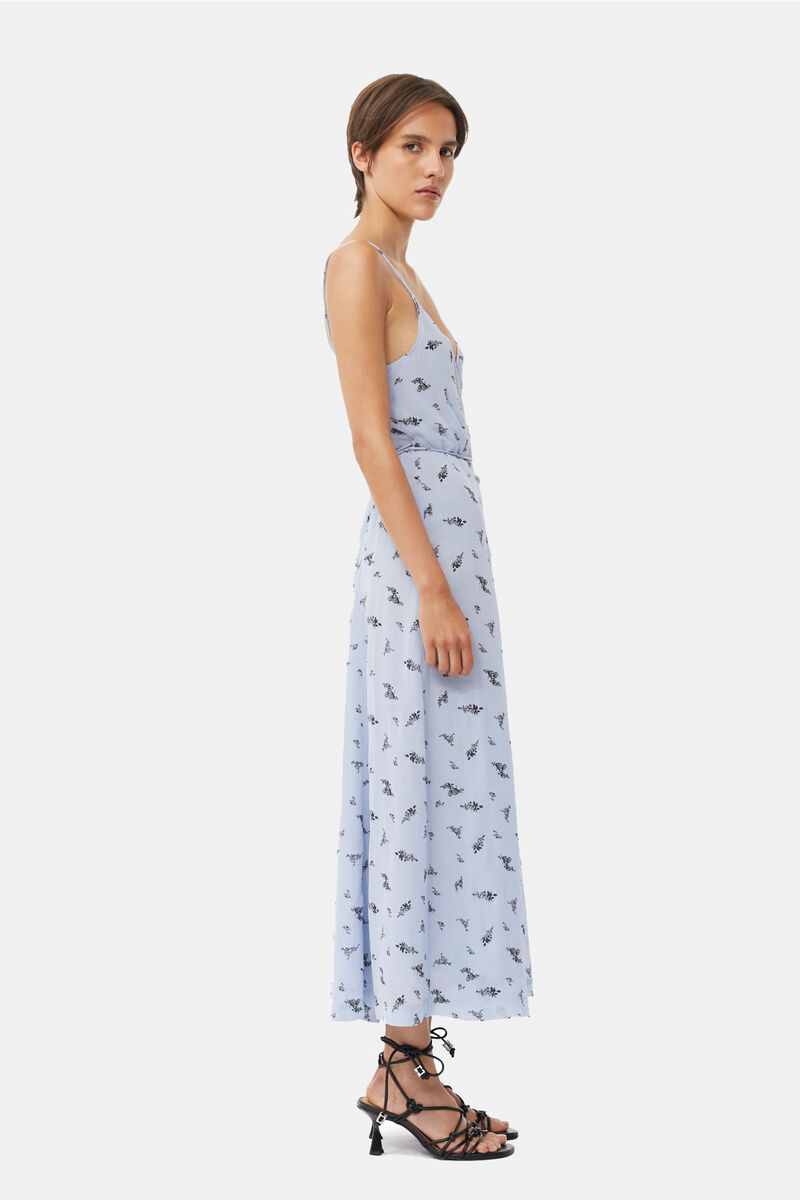 Printed Georgette Strap Wrap Dress, Viscose, in colour Brunnera Blue - 3 - GANNI