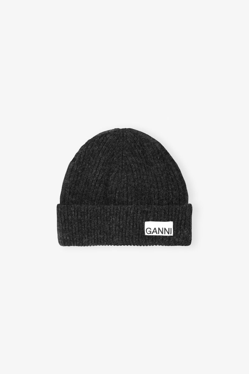 Dark Grey Fitted Wool Rib Knit Beanie, Wool, in colour Phantom - 1 - GANNI