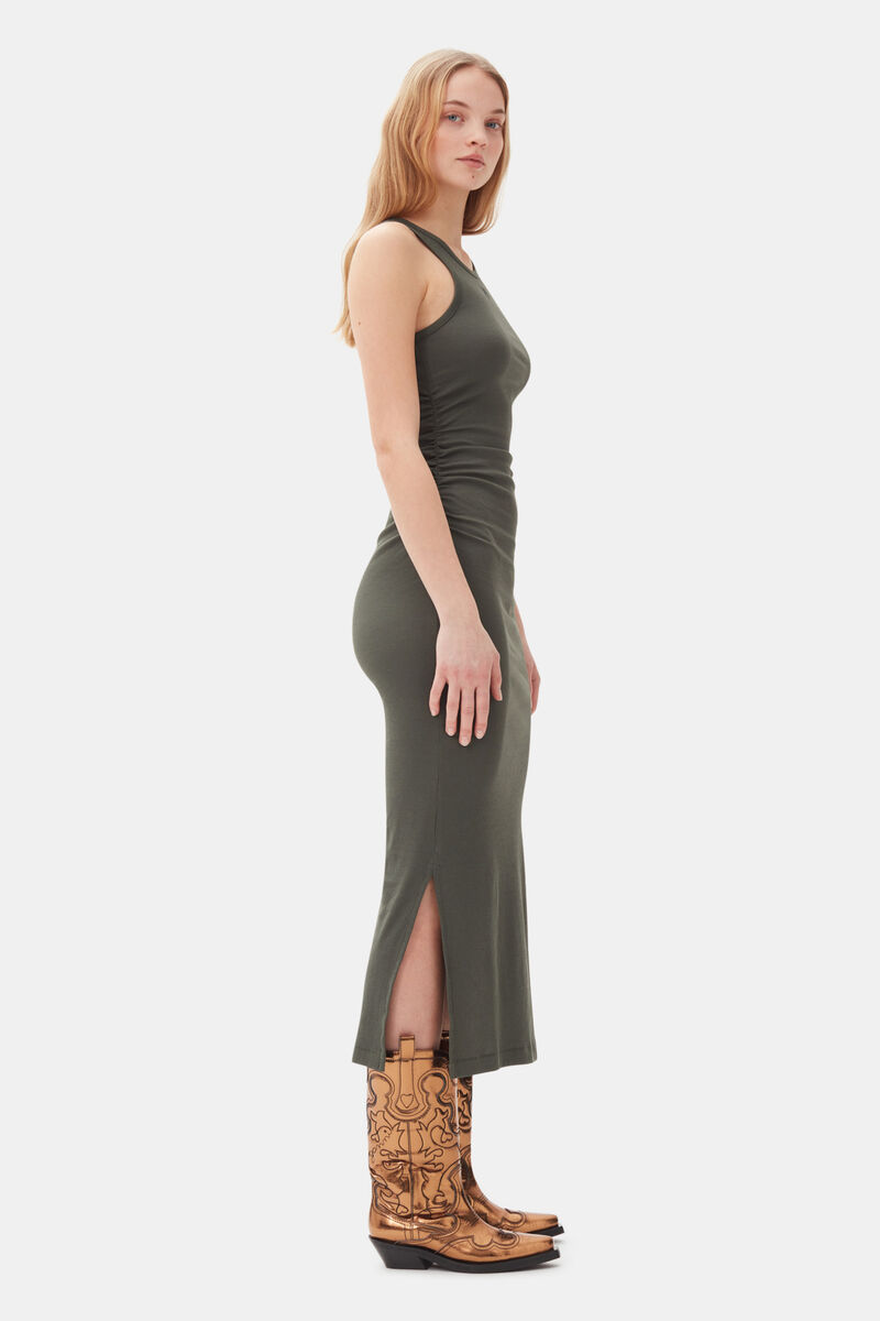 Robe Green Soft Cotton Rib Tank Top Long, Elastane, in colour Climbing Ivy - 3 - GANNI