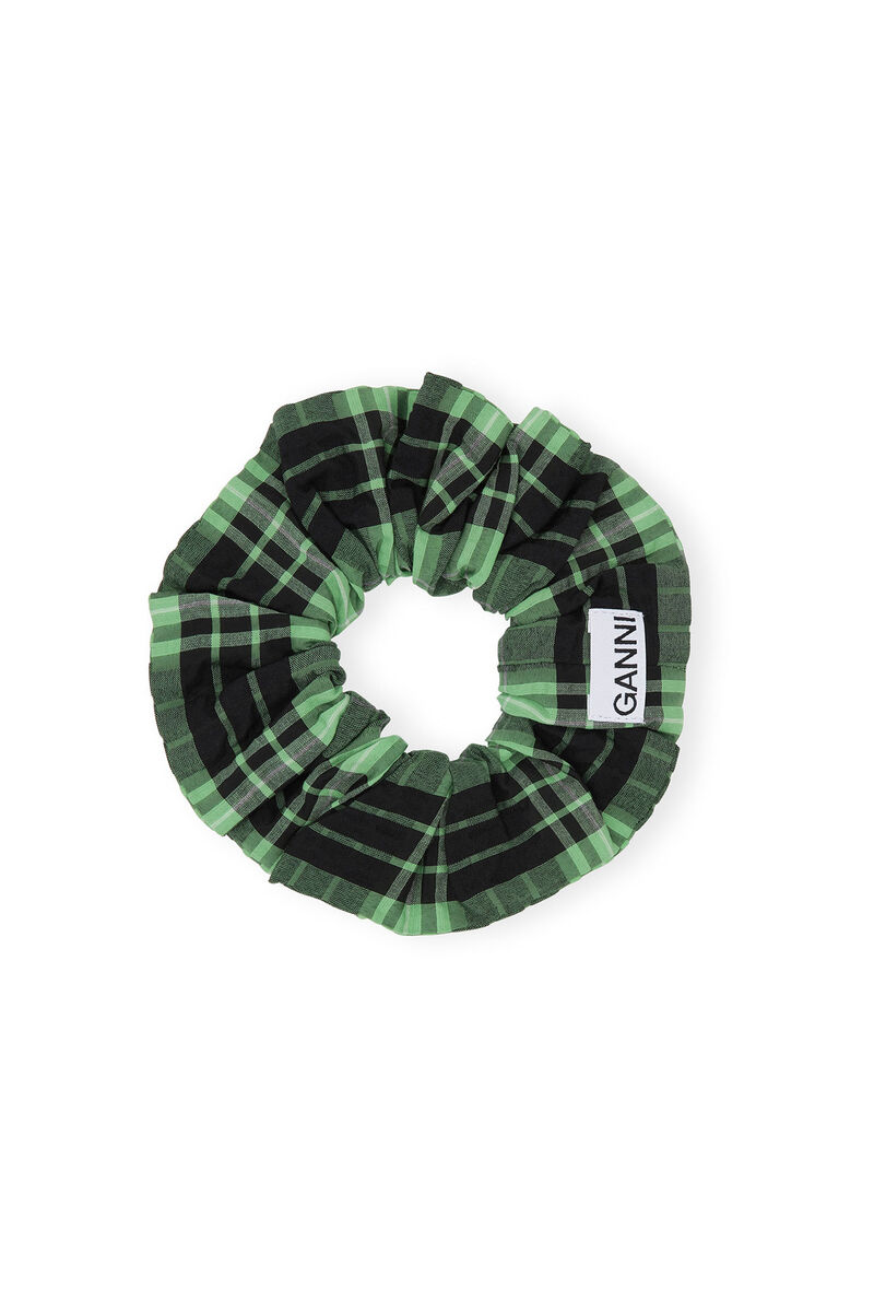 Green Seersucker Check Frill Bow Scrunchie, Cotton, in colour Peapod - 1 - GANNI