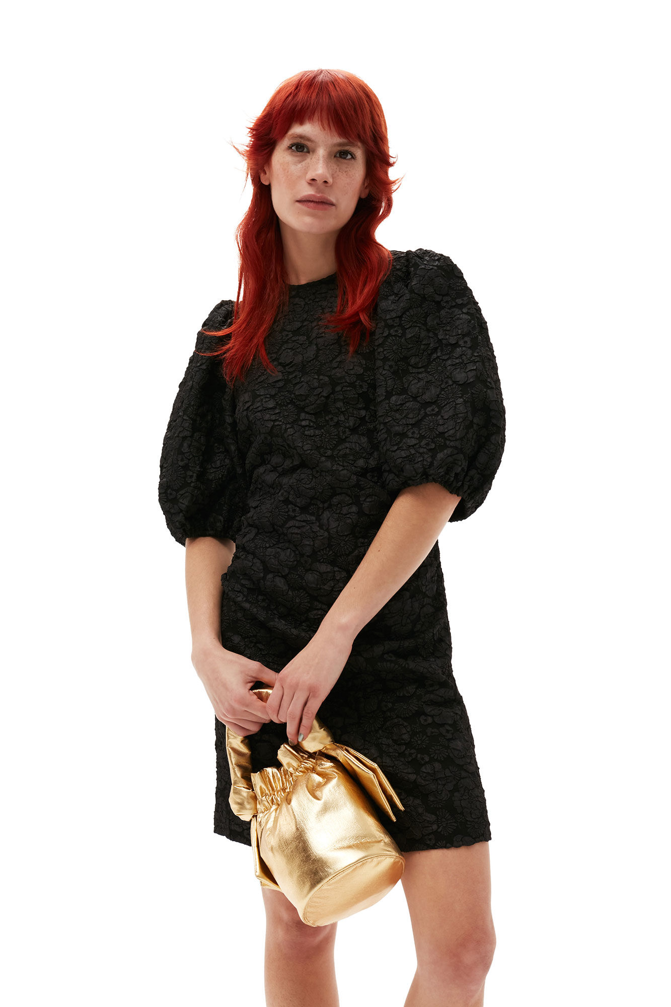 Stretch Jacquard Puff Sleeves Mini Dress, Polyester, in colour Black - 6 - GANNI