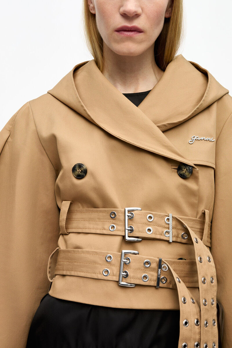 Camel Bonded Cotton Short Trench Jacket, Organic Cotton, in colour Tiger's Eye - 4 - GANNI