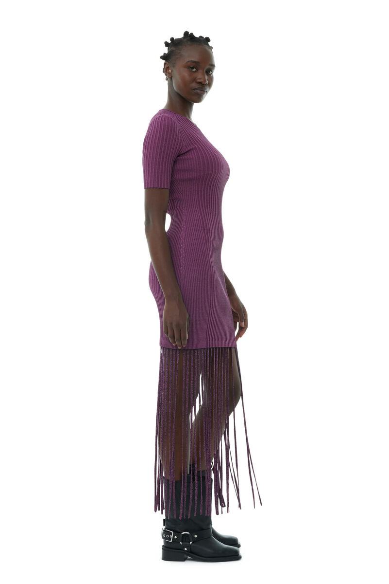 Purple Melange Knit Fringe Short Sleeve Mini Kleid, Elastane, in colour Fiji Flower - 3 - GANNI