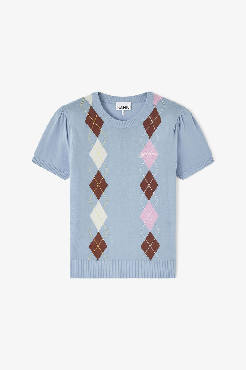 T-shirt in Argyle, Organic Cotton, in colour Soft Chambray - 1 - GANNI
