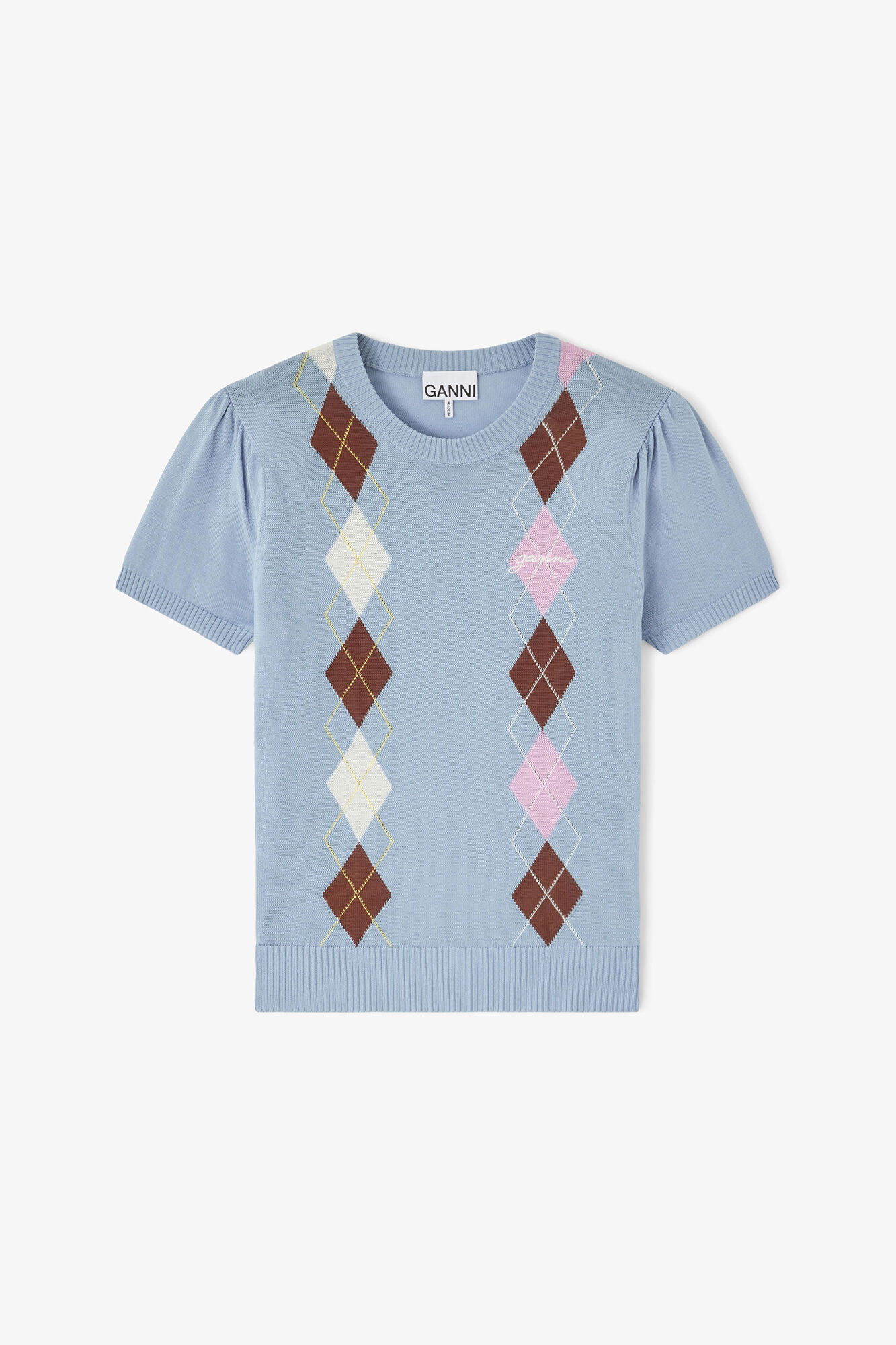 T-shirt in Argyle, Organic Cotton, in colour Soft Chambray - 1 - GANNI
