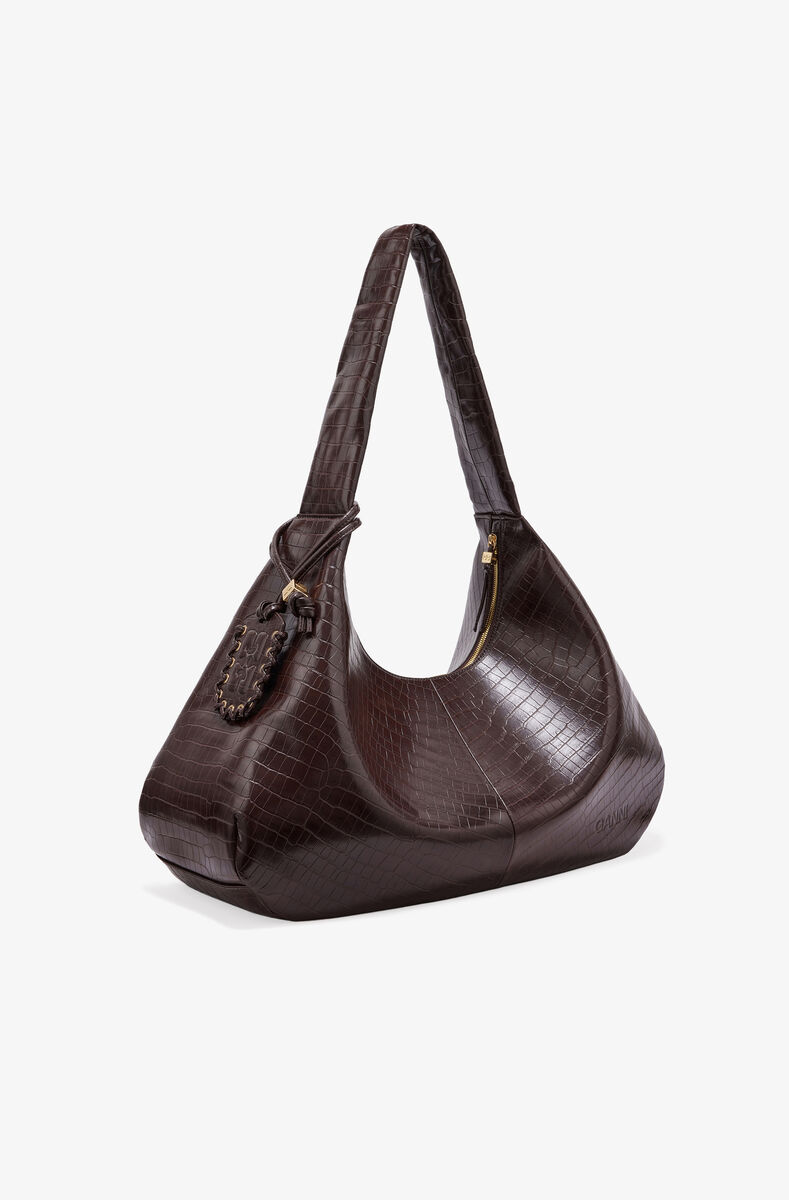 Brown Croco XXL Hobo Bag, Lyocell, in colour Chocolate Fondant - 2 - GANNI