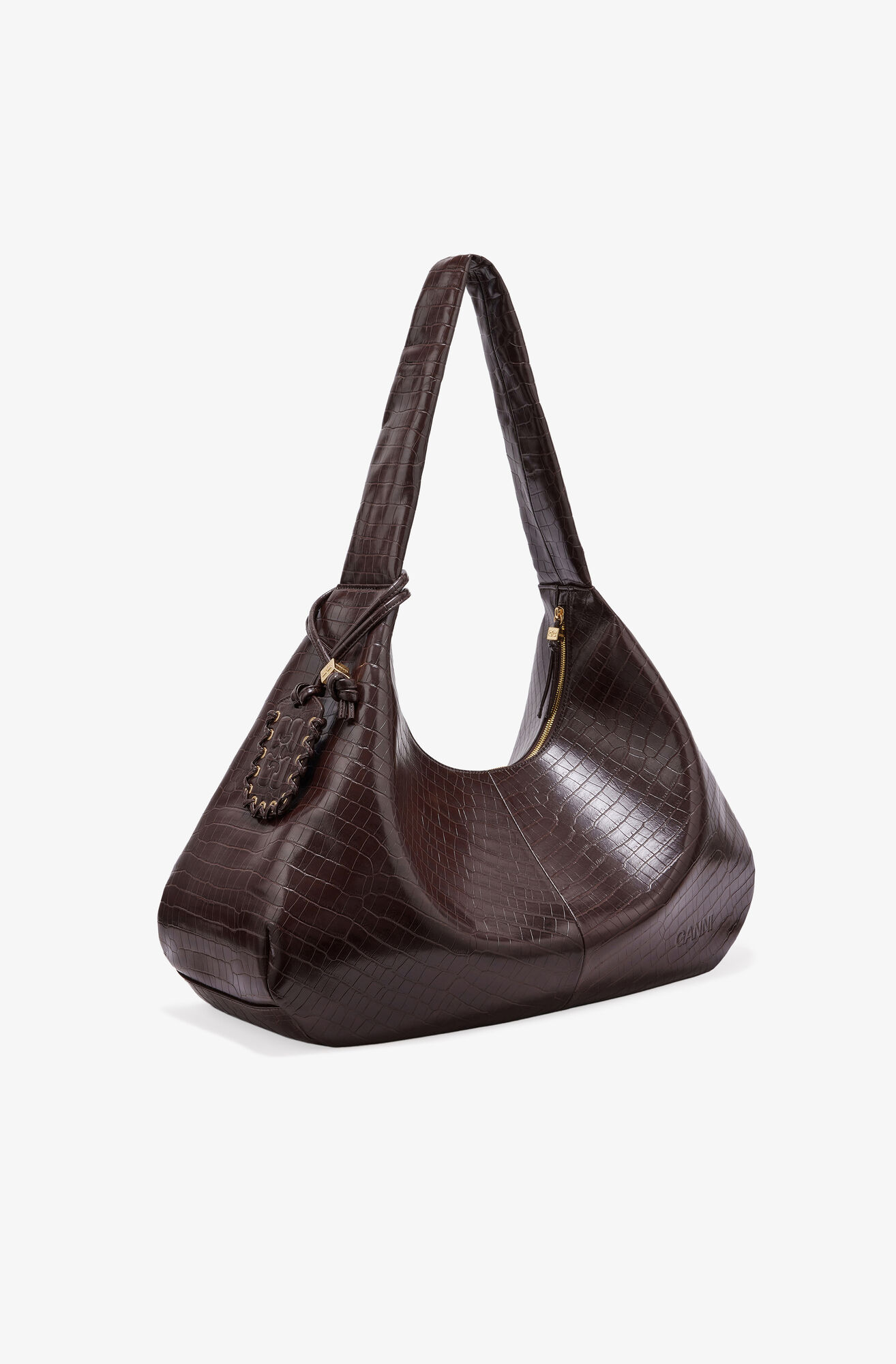 Brown Croco XXL Hobo Bag, Lyocell, in colour Chocolate Fondant - 2 - GANNI