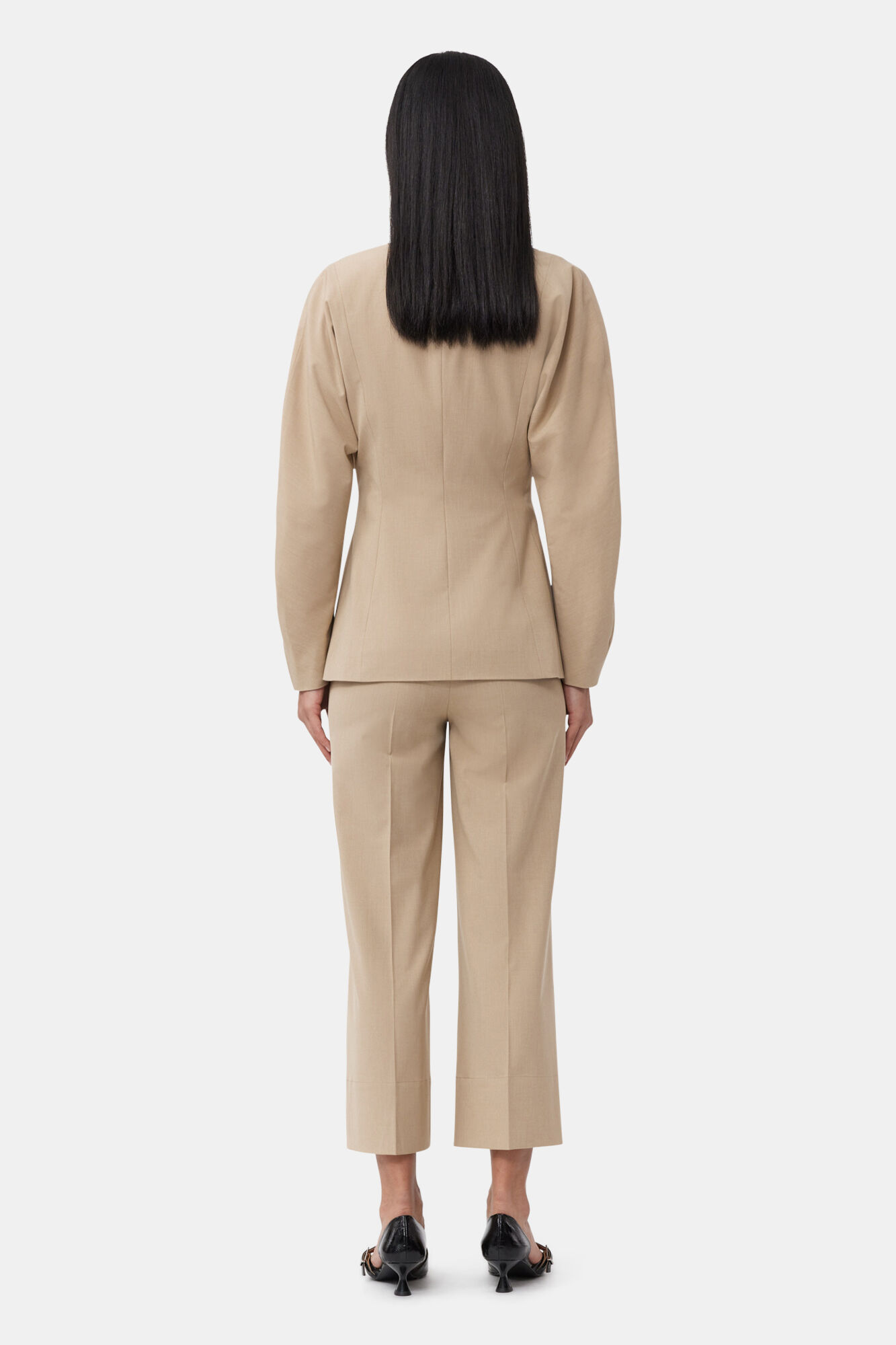 Beige Fitted Drapey Melange Blazer, Elastane, in colour Safari - 3 - GANNI
