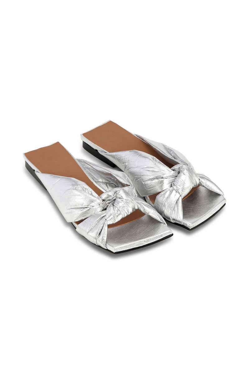 Silvriga mjuka knot flat mules, Recycled Polyester, in colour Silver - 3 - GANNI