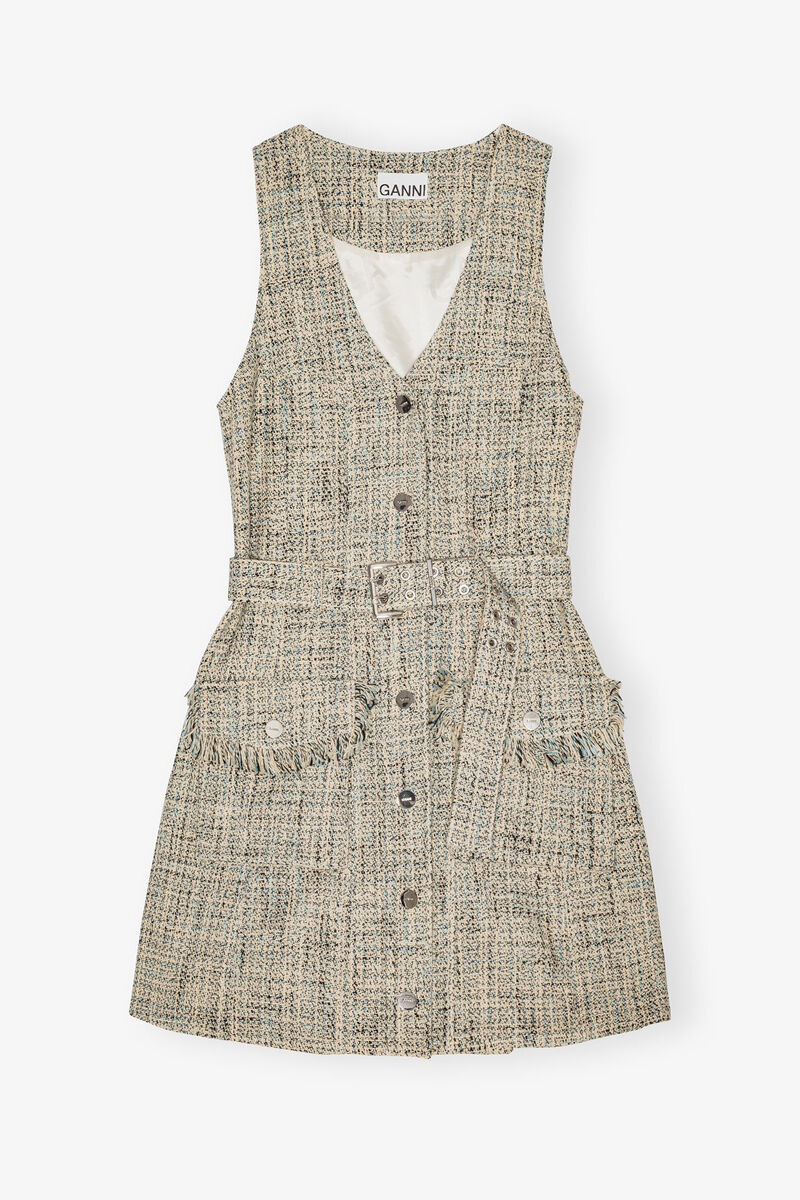 Tweed Sleeveless Belted Dress, Cotton, in colour Alaskan Blue - 1 - GANNI