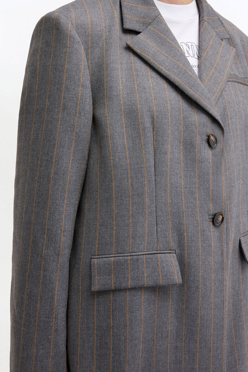 Grey Stripe Wool Blazer, in colour Pewter Melange - 3 - GANNI