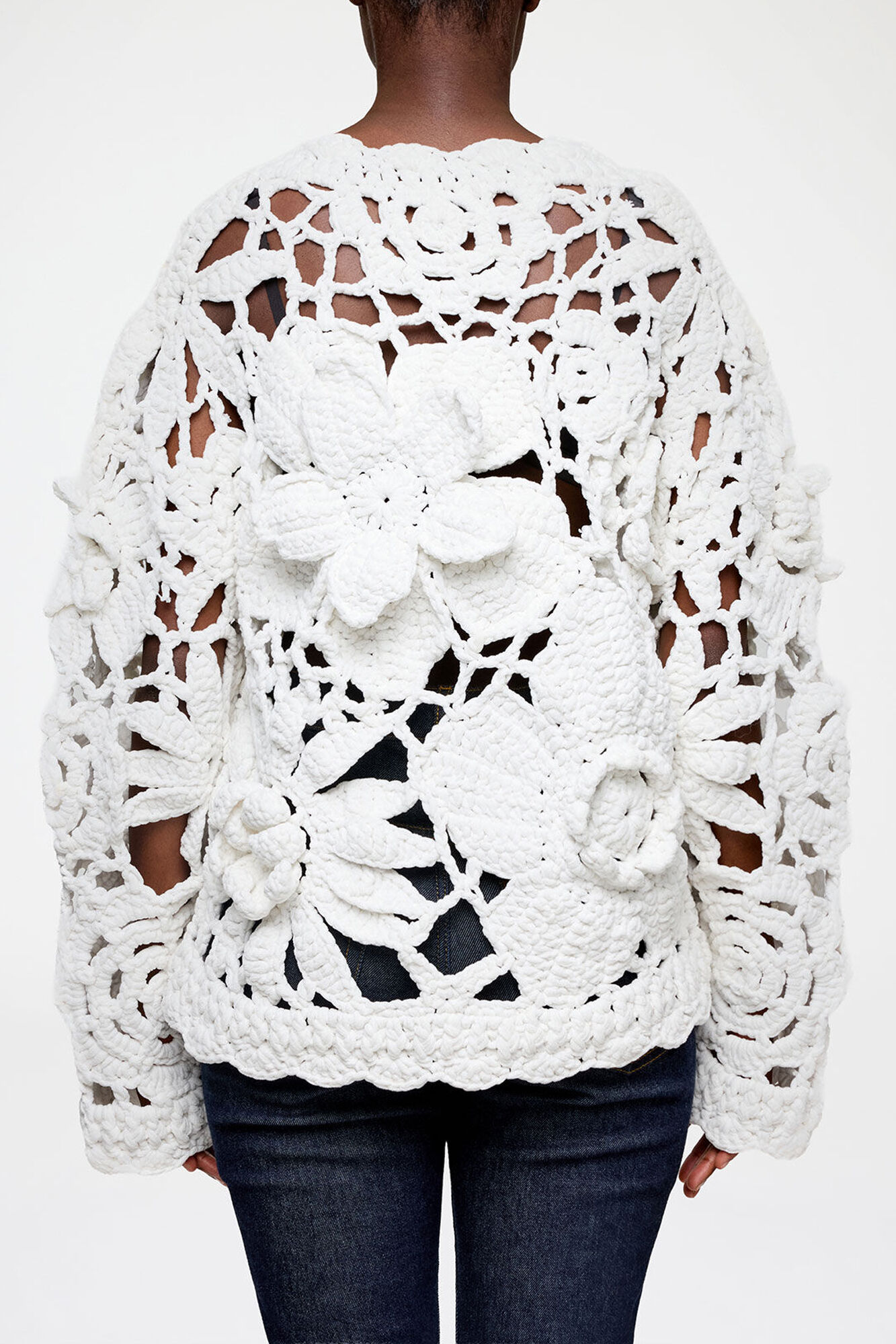 Hand Crochet Crewneck in White, Organic Cotton, in colour Bright White - 2 - GANNI