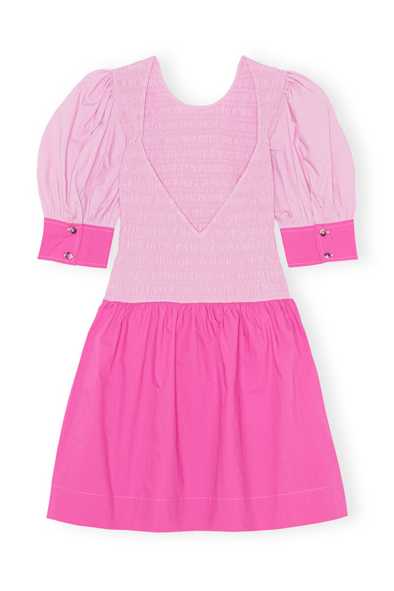 Rynkad miniklänning i poplin, Cotton, in colour Phlox Pink - 2 - GANNI