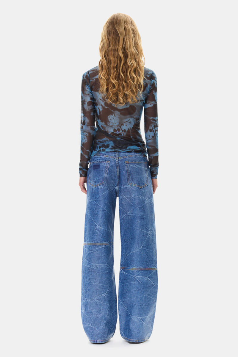 Blue Printed Mesh Long Sleeve Rollneck, Elastane, in colour Blue Shadow - 4 - GANNI