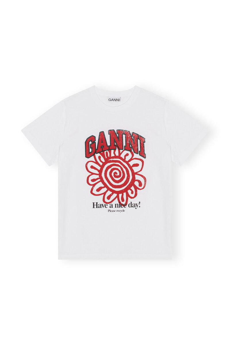 Relaxed Red Flower T-shirt, Cotton, in colour Bright White - 1 - GANNI