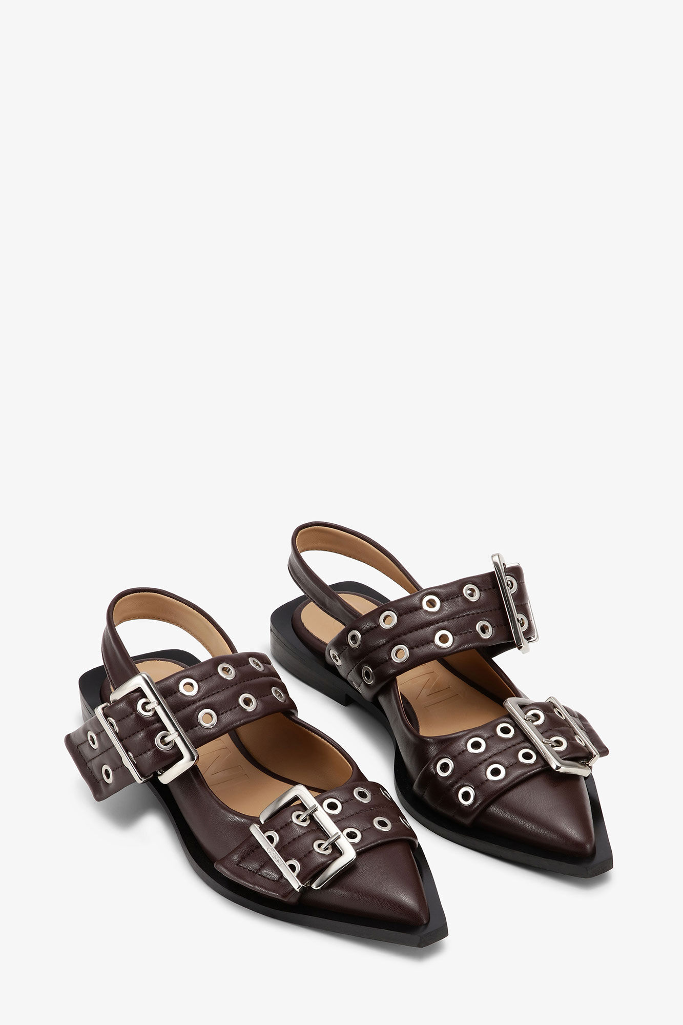 Brown Feminine Buckle Ballerinas, Polyester, in colour Chocolate Fondant - 2 - GANNI