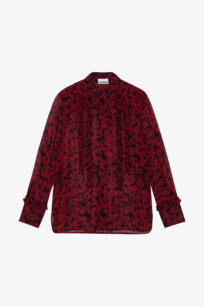 Red Printed Light Georgette Ruffle Shirt, Syrah