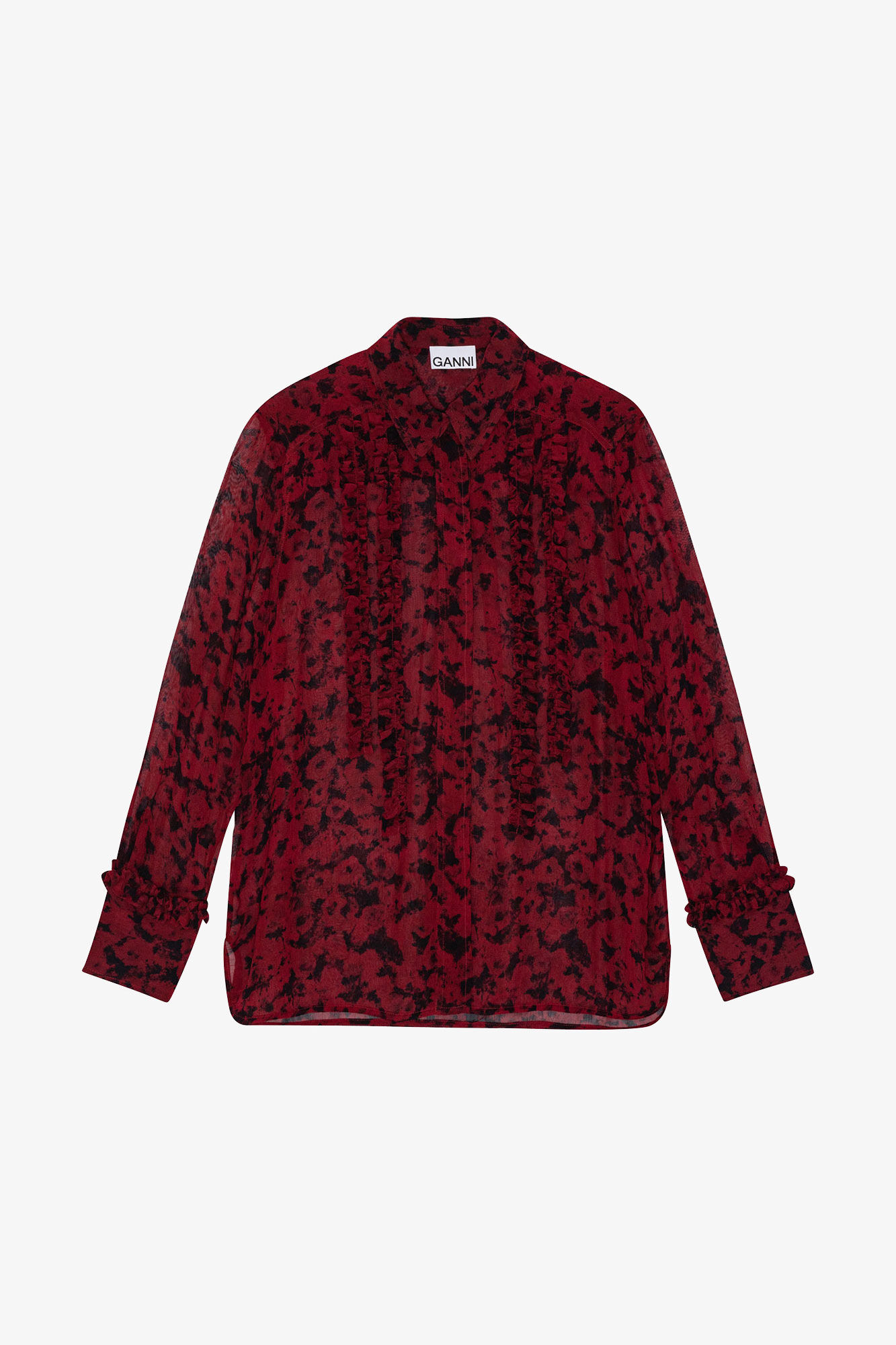 Red Printed Light Georgette Ruffle Shirt, Viscose, in colour Syrah - 1 - GANNI