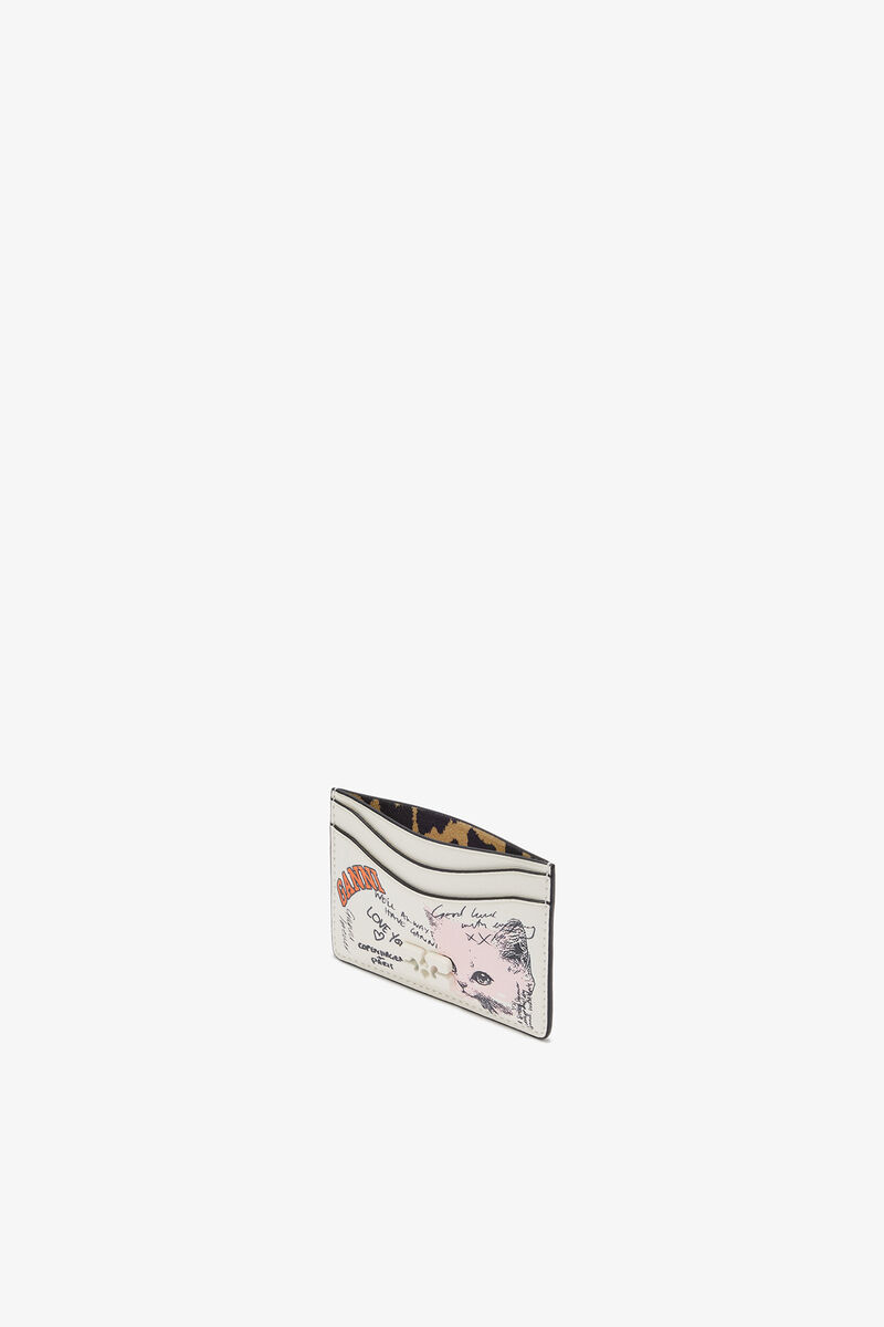 Card Holder with Cat, Recycled Leather, in colour Egret - 3 - GANNI