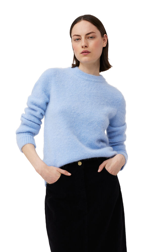 Blue Brushed Alpaca O-Neck Sweater