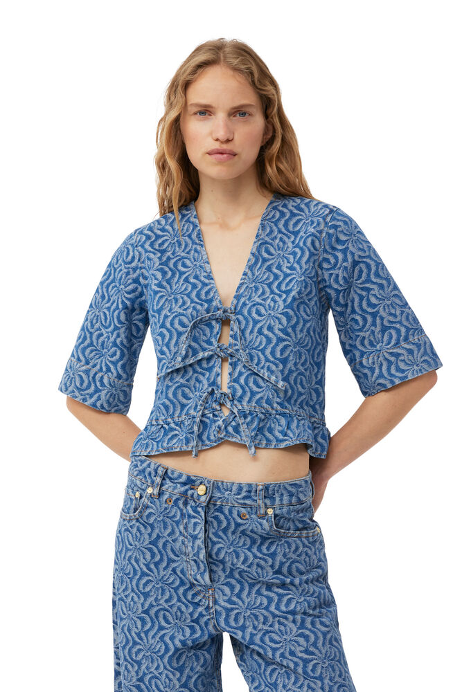 Blue Jacquard Denim Flounce Tie Blouse