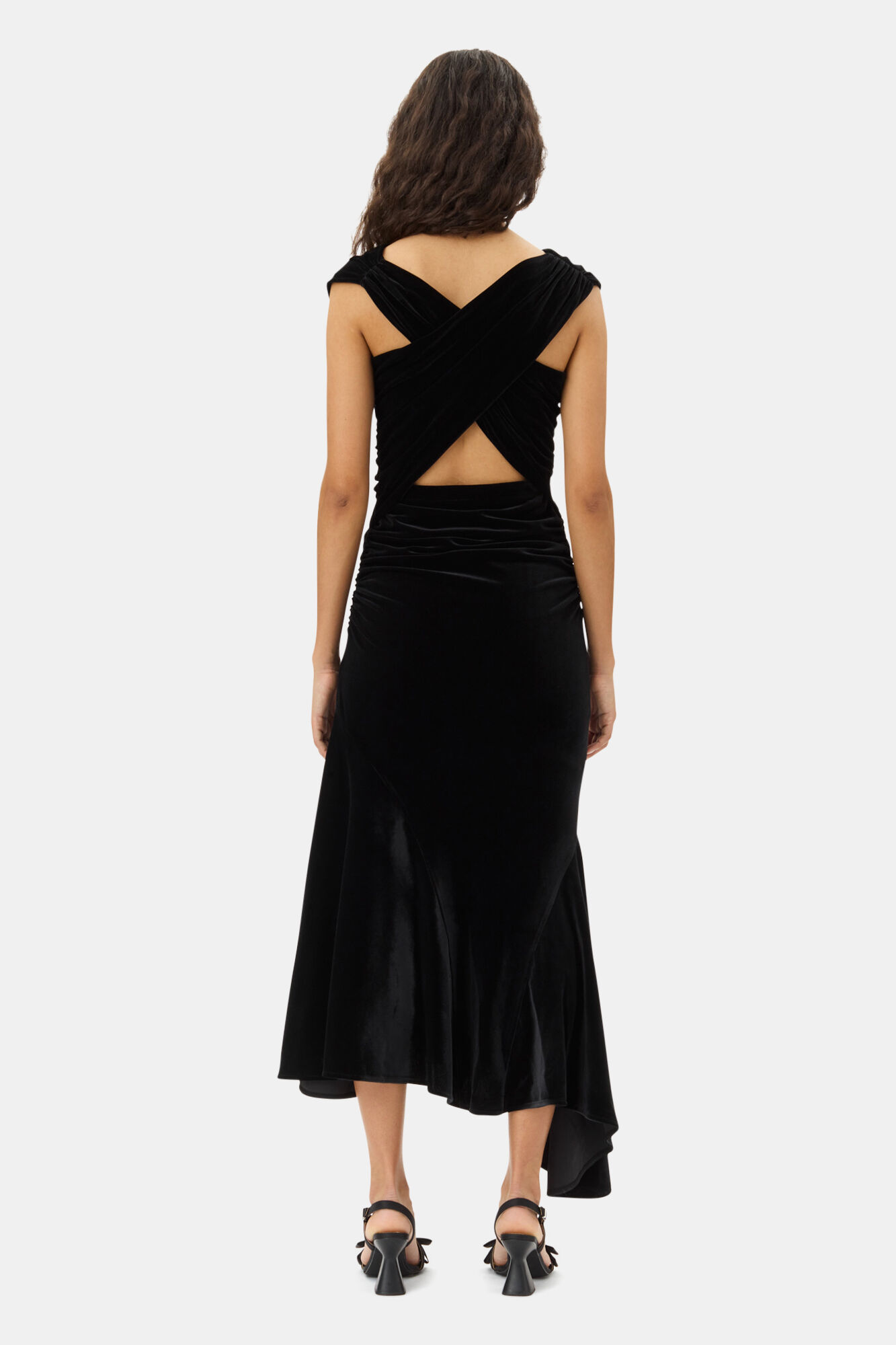 Black Velvet Ruched Dress, Recycled Polyester, in colour Black - 4 - GANNI