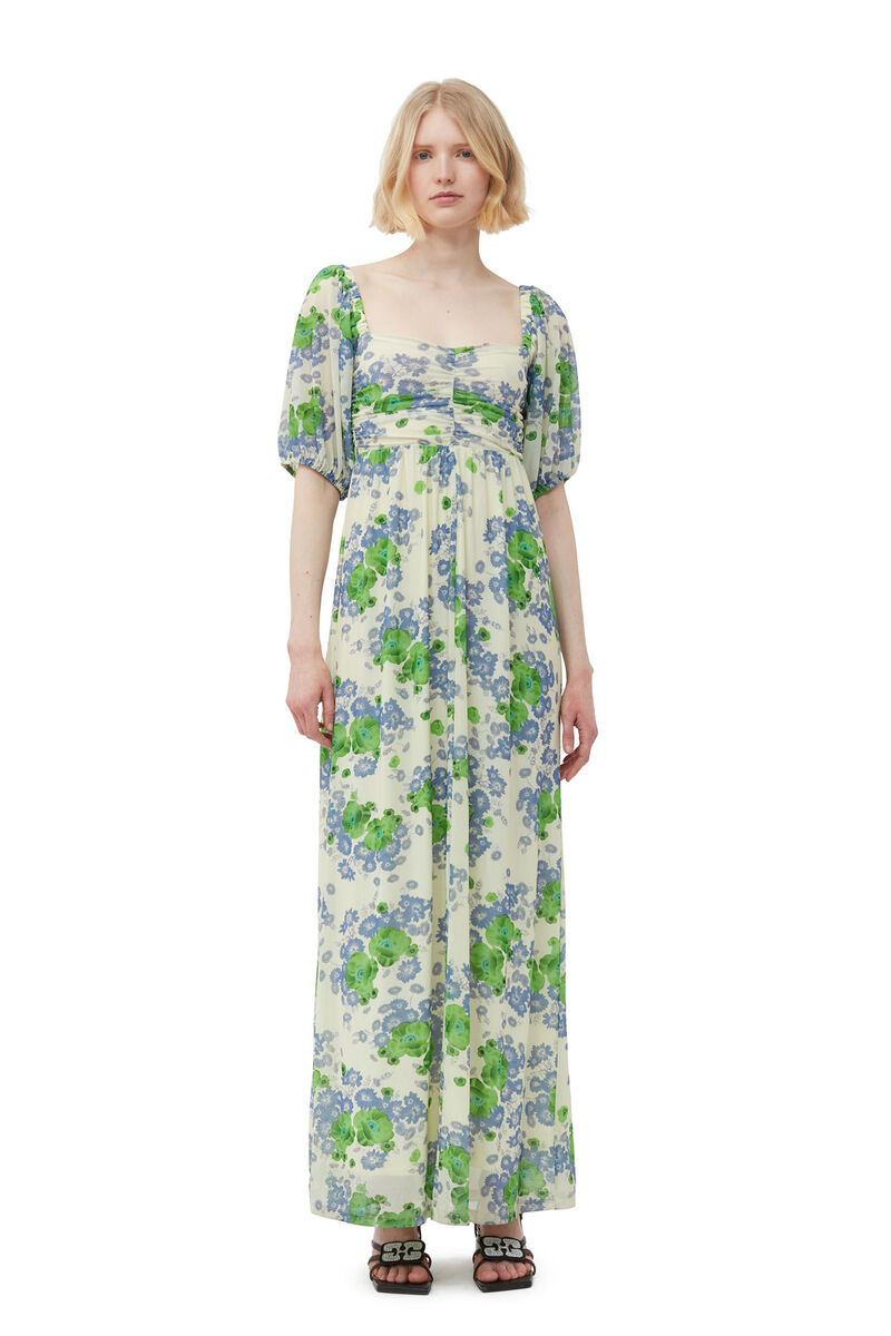 Printed Mesh Puff Sleeves Long Dress, Recycled Nylon, in colour Egret - 1 - GANNI