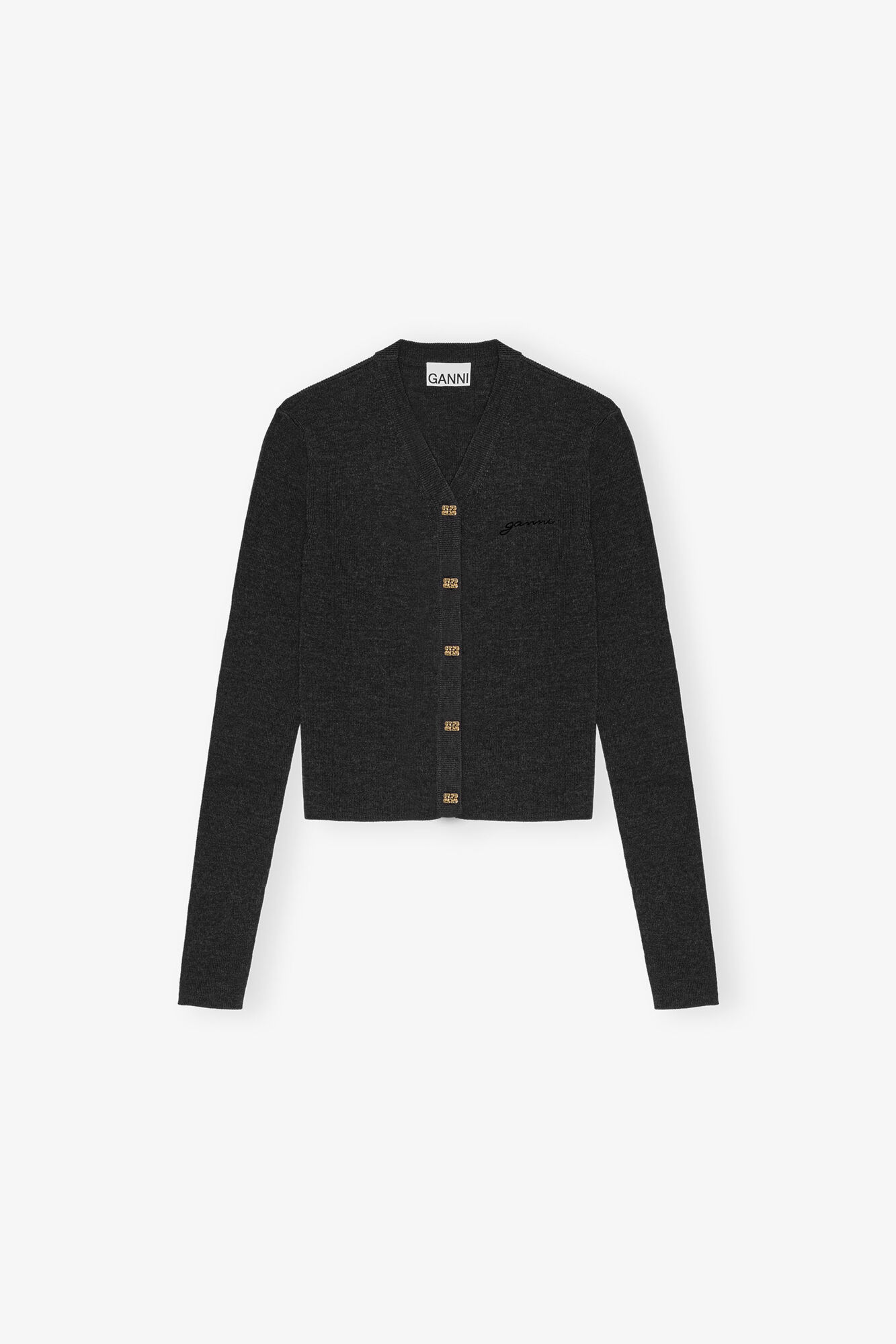 GANNI カーディガン ニット ブラック Black Mini Ribbed Merino Cardigan | GANNI