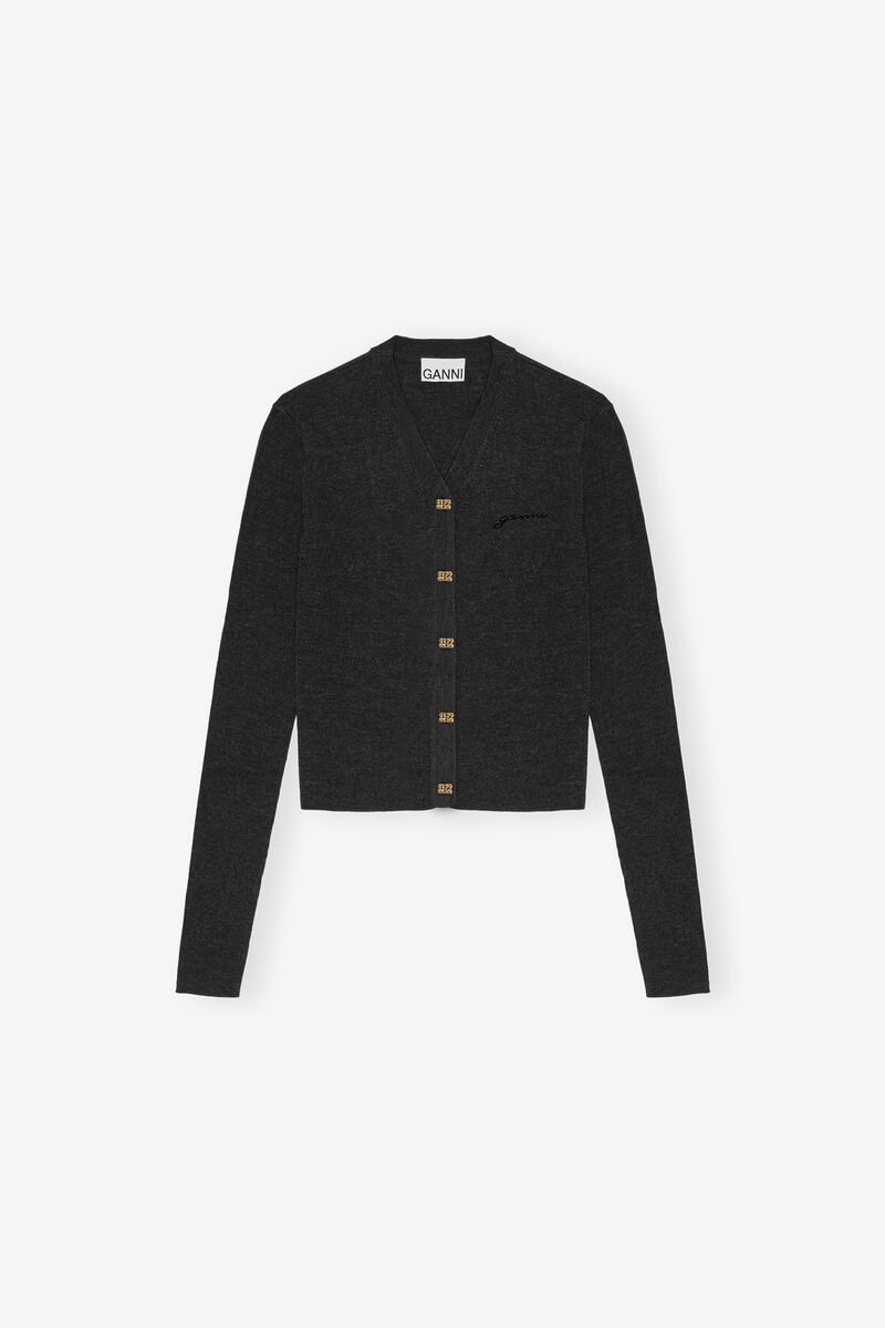 Black Mini Ribbed Merino Cardigan, Merino Wool, in colour Phantom - 1 - GANNI