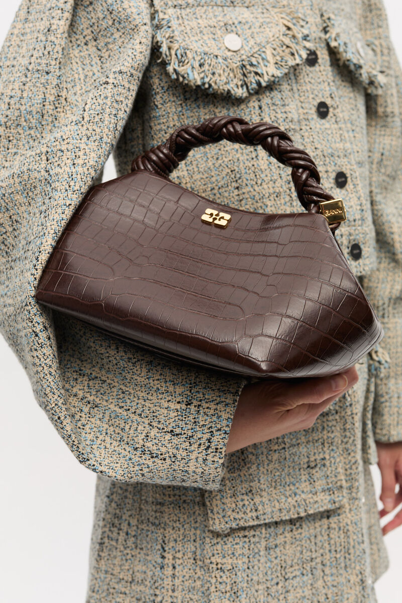 Brown Croco Patent Mini GANNI Bou Bag, Lyocell, in colour Chocolate Fondant - 3 - GANNI