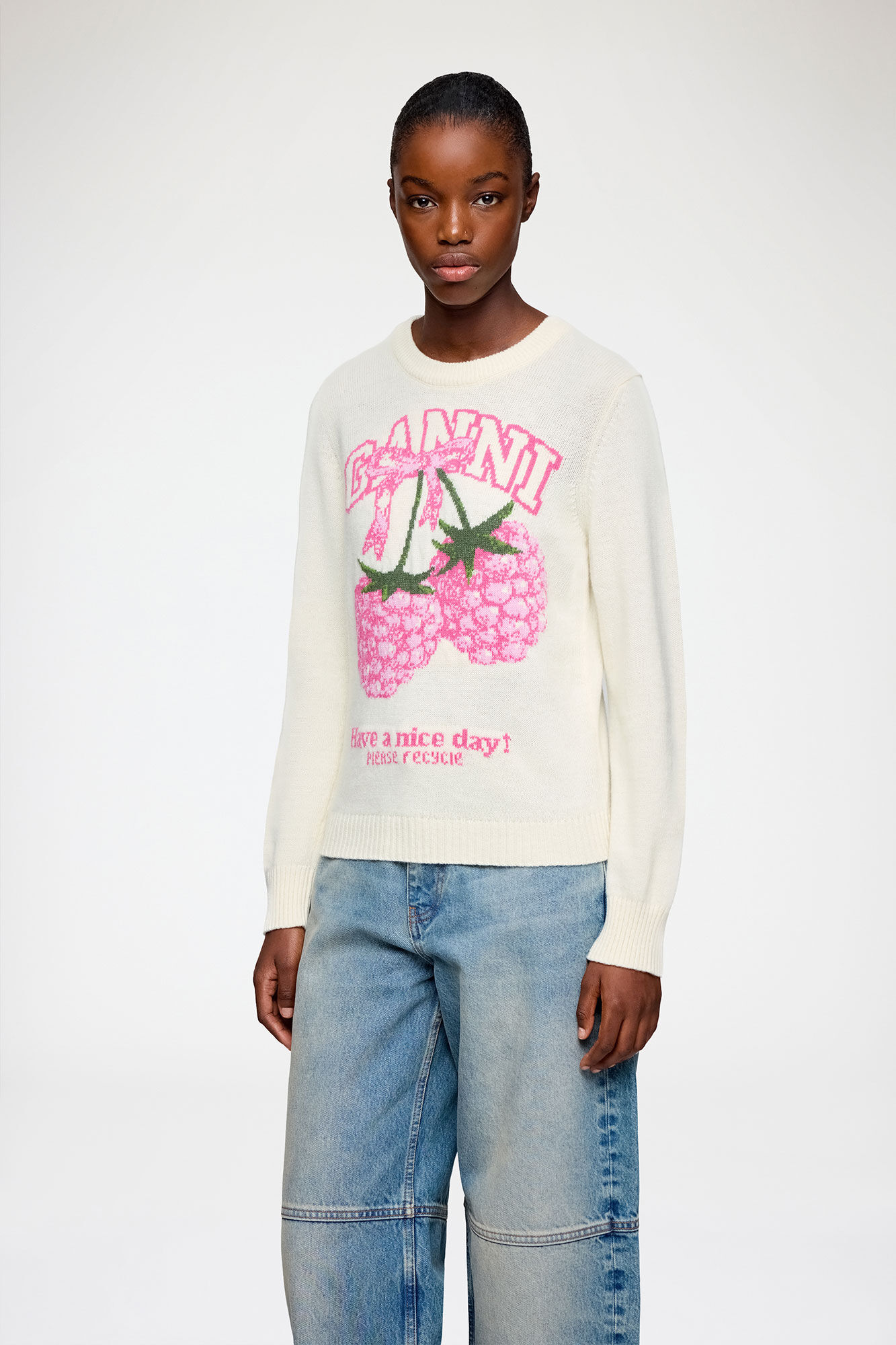 Sweater in Graphic Wool, Wool, in colour Egret - 1 - GANNI