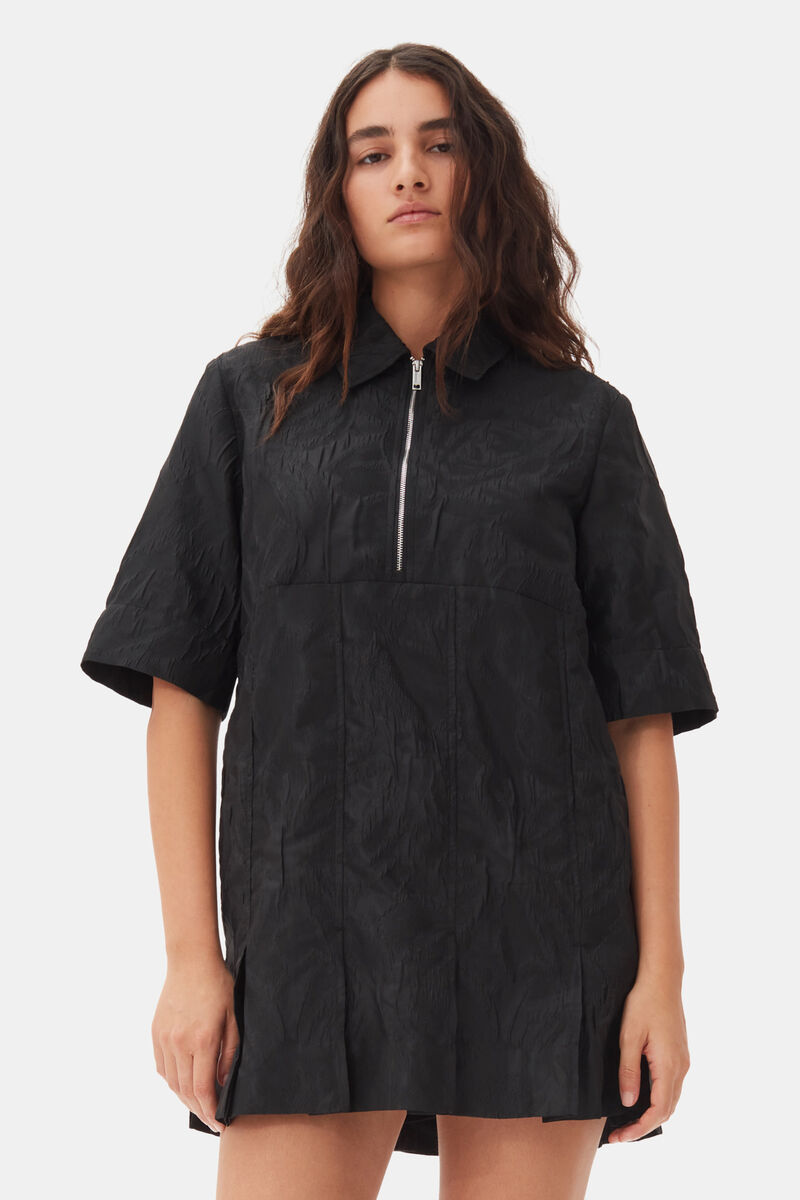 Black Textured Cloque Pleated Mini Dress, Nylon, in colour Black - 2 - GANNI