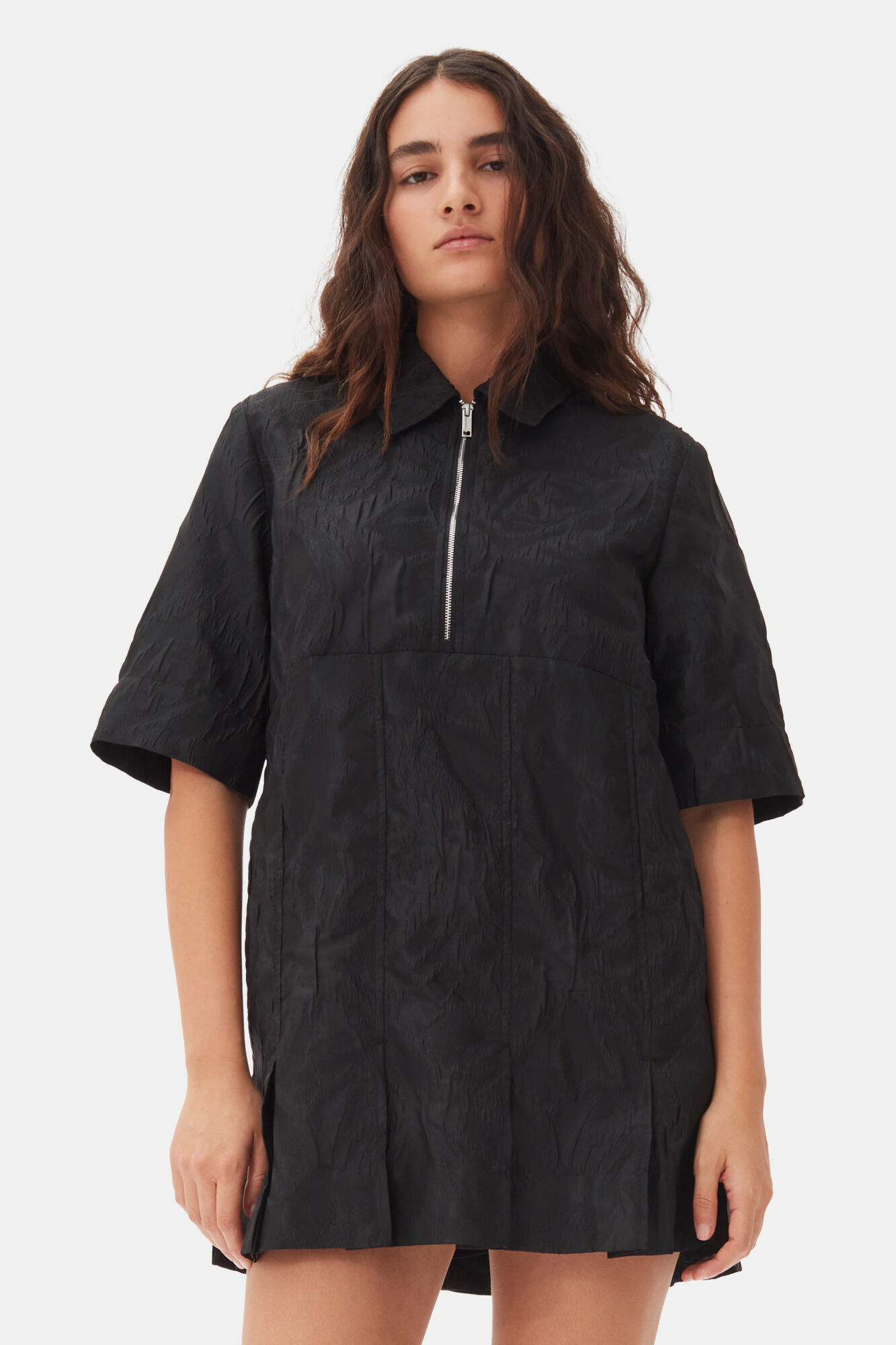 Black Textured Cloque Pleated Mini Dress, Nylon, in colour Black - 2 - GANNI