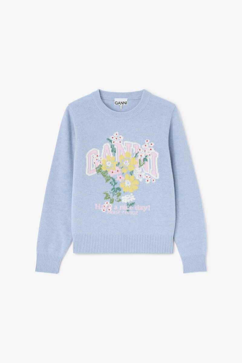 Jumper with Flowers, Wool, in colour Blue Bonnet - 1 - GANNI