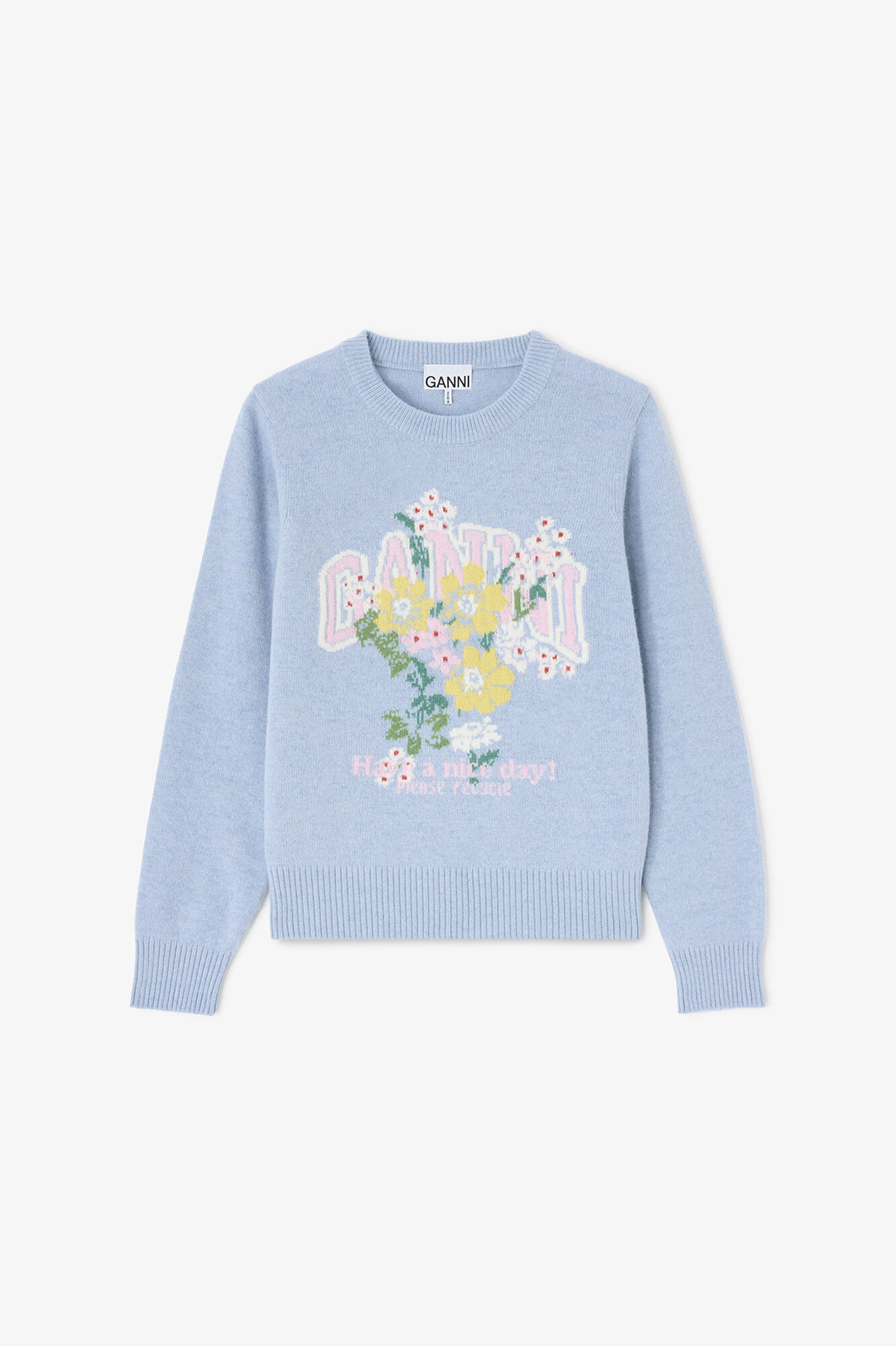 Jumper with Flowers, Wool, in colour Blue Bonnet - 1 - GANNI