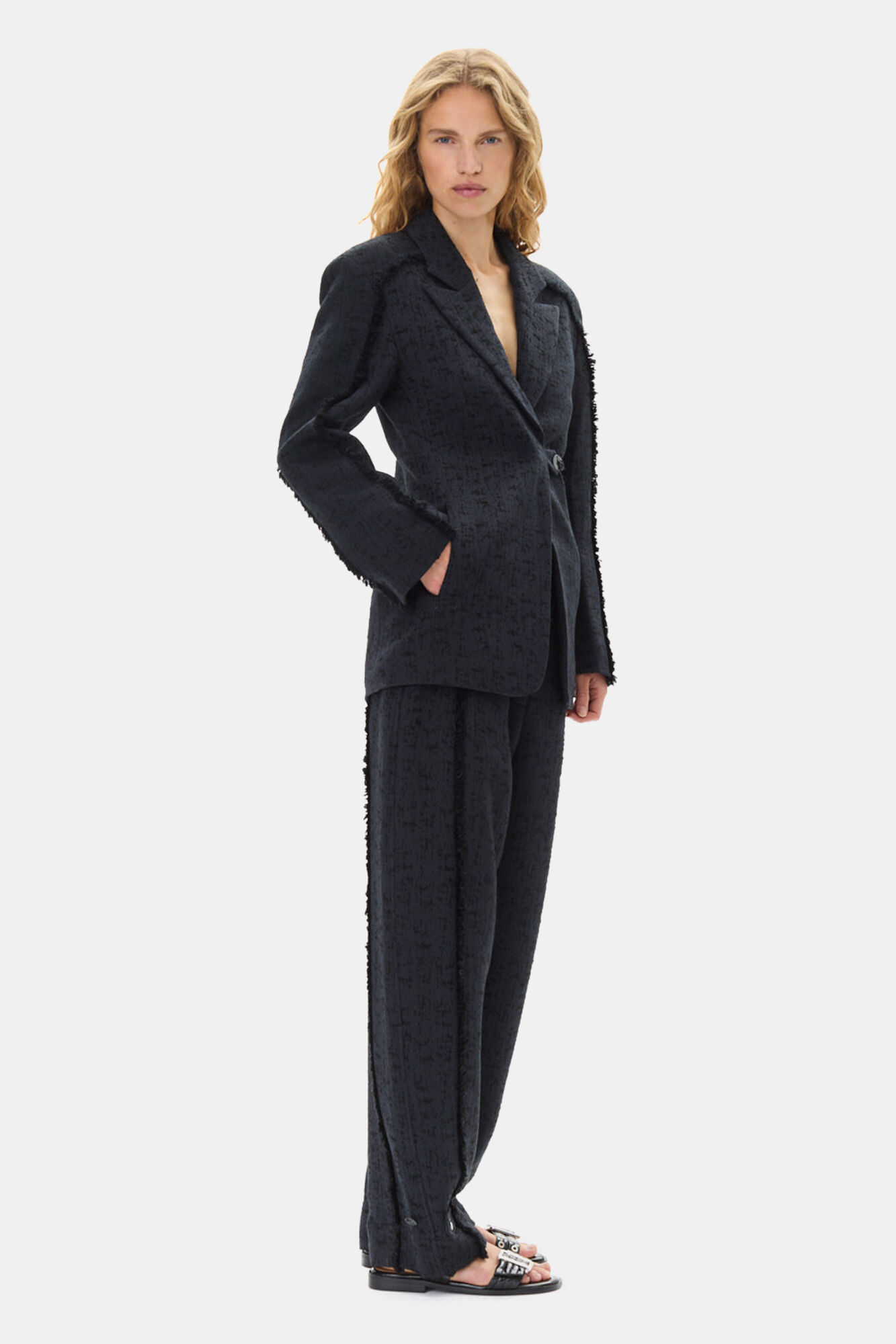 Black Tweed Suiting Blazer, Organic Cotton, in colour Black - 3 - GANNI