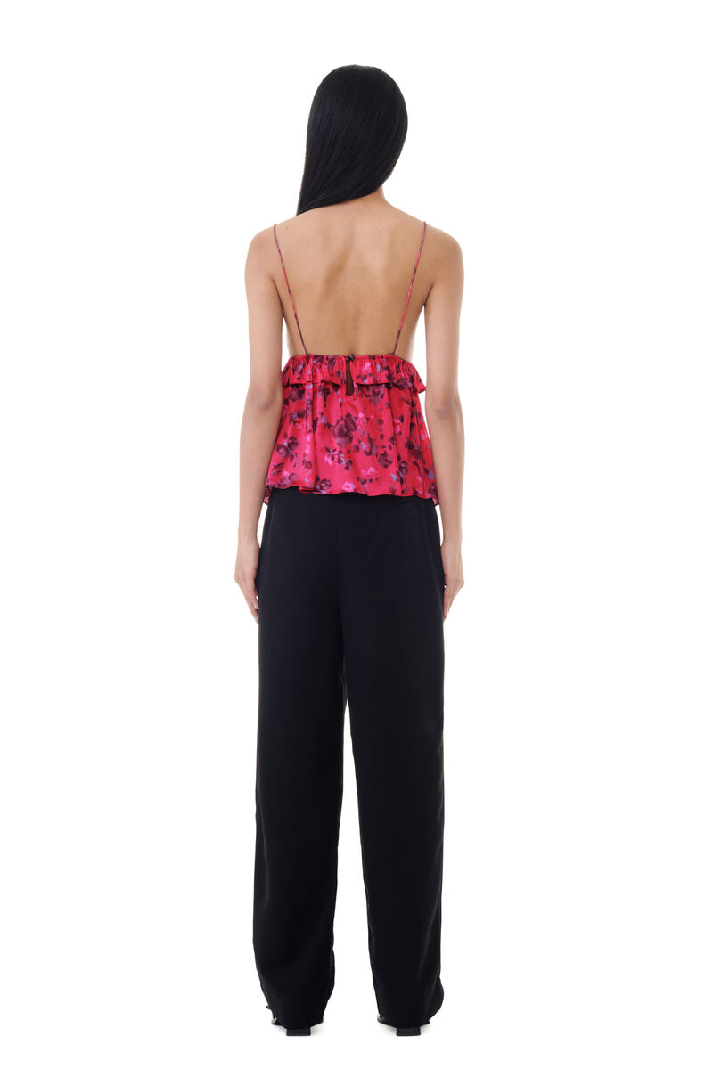 Red Floral Printed Satin Stroptop, in colour Raspberry Wine - 4 - GANNI